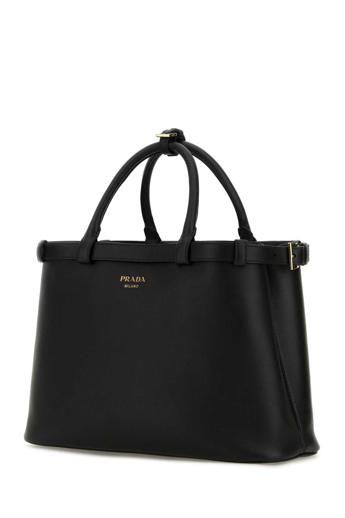 Prada Women Black Leather Medium Prada Buckle Handbag PRADA
