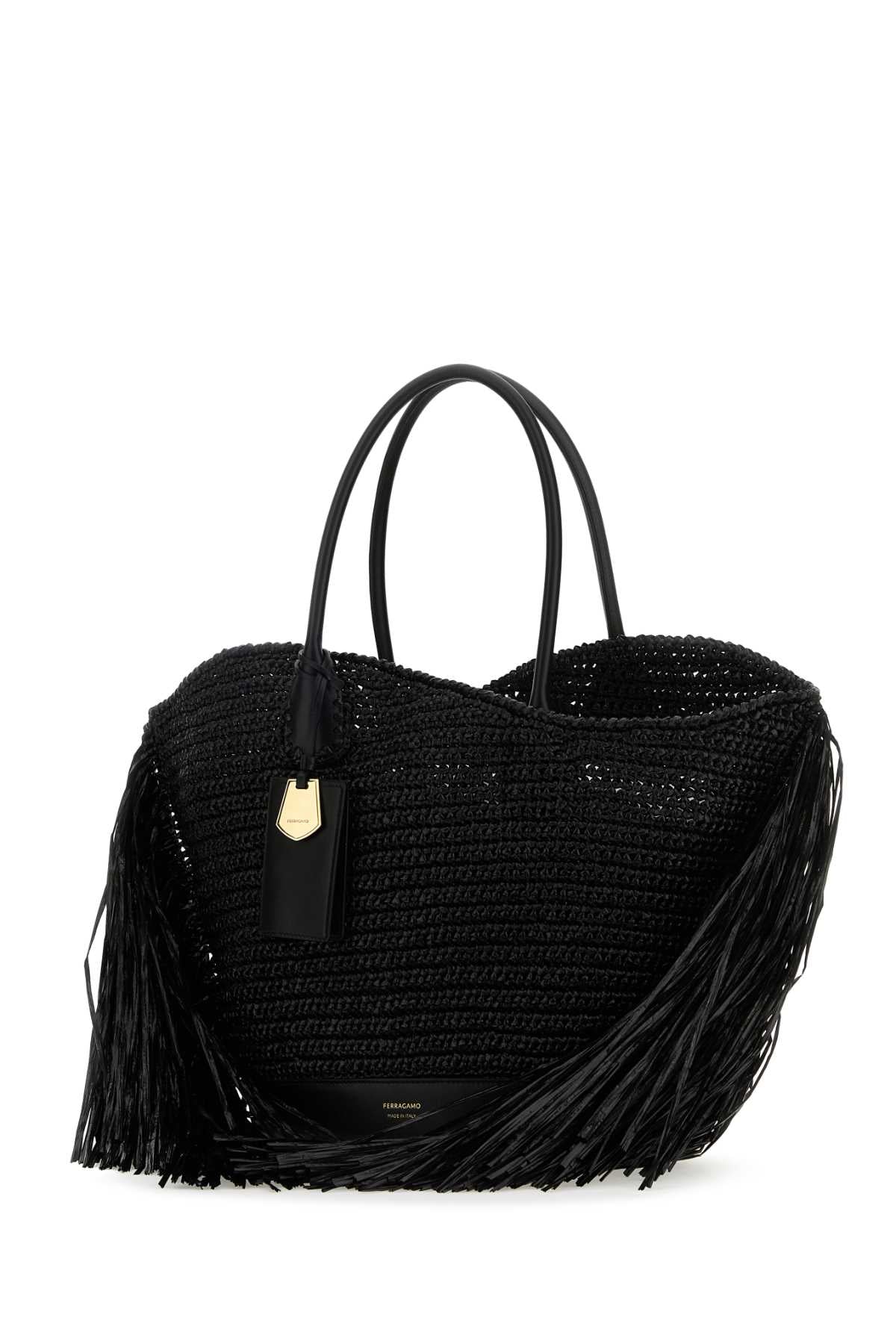 Salvatore Ferragamo Women Black Raffia And Leather Big Shopping Bag FERRAGAMO