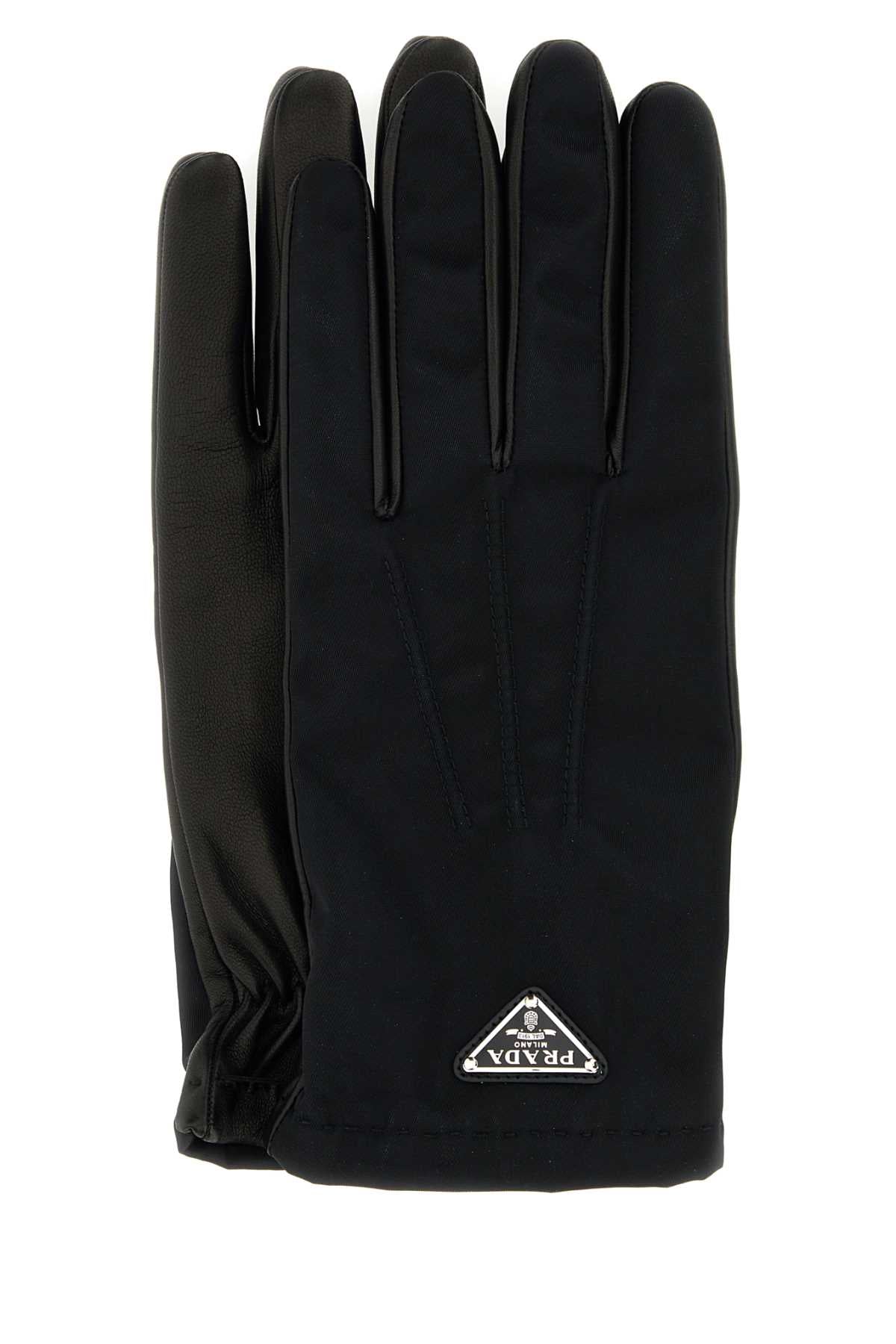 Prada Men Black Nylon And Nappa Leather Gloves PRADA