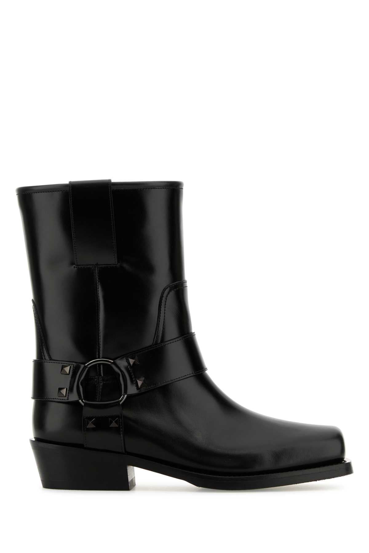 Valentino Garavani Women Black Leather Biker Rockstud Ankle Boots VALENTINO GARAVANI