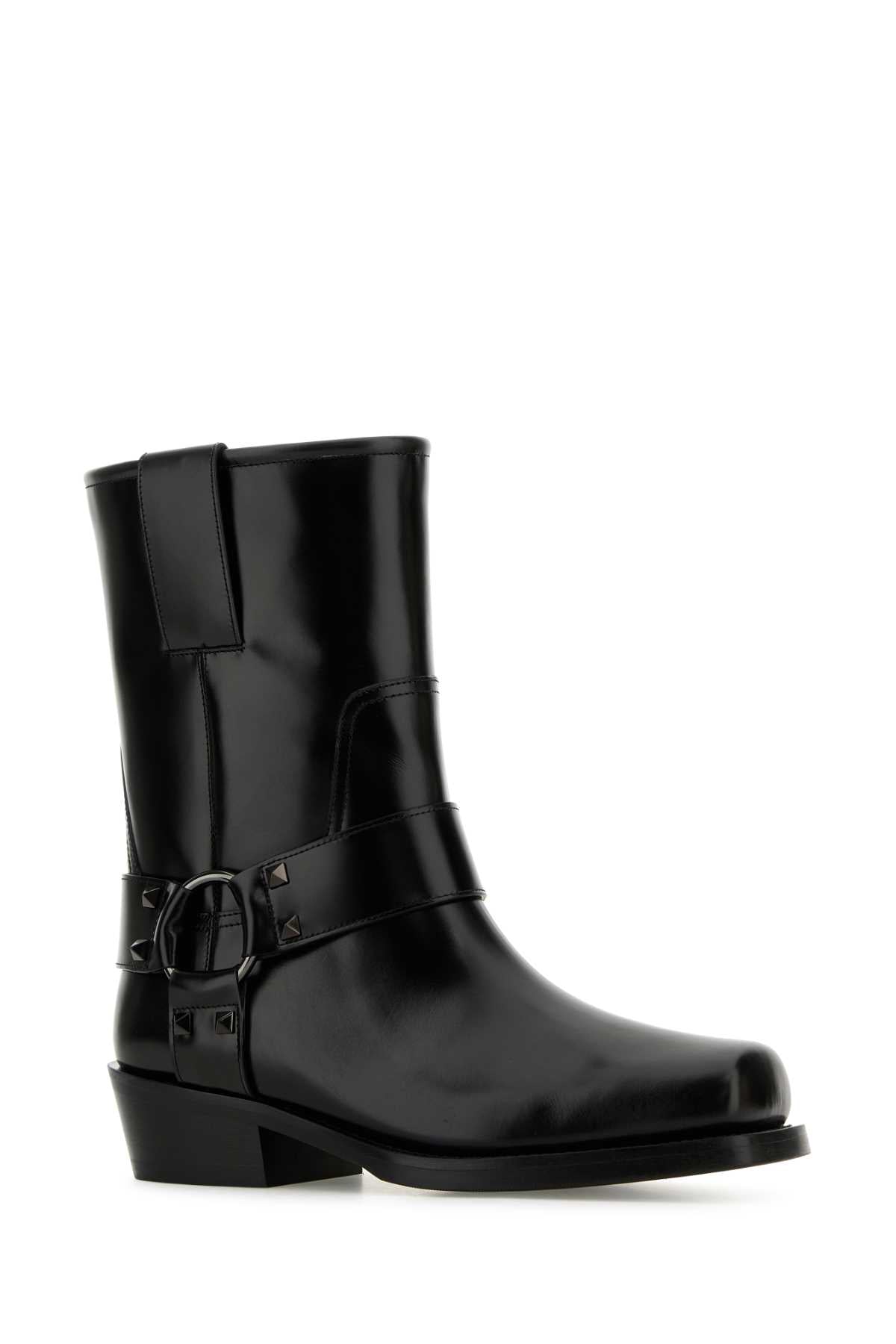 Valentino Garavani Women Black Leather Biker Rockstud Ankle Boots VALENTINO GARAVANI