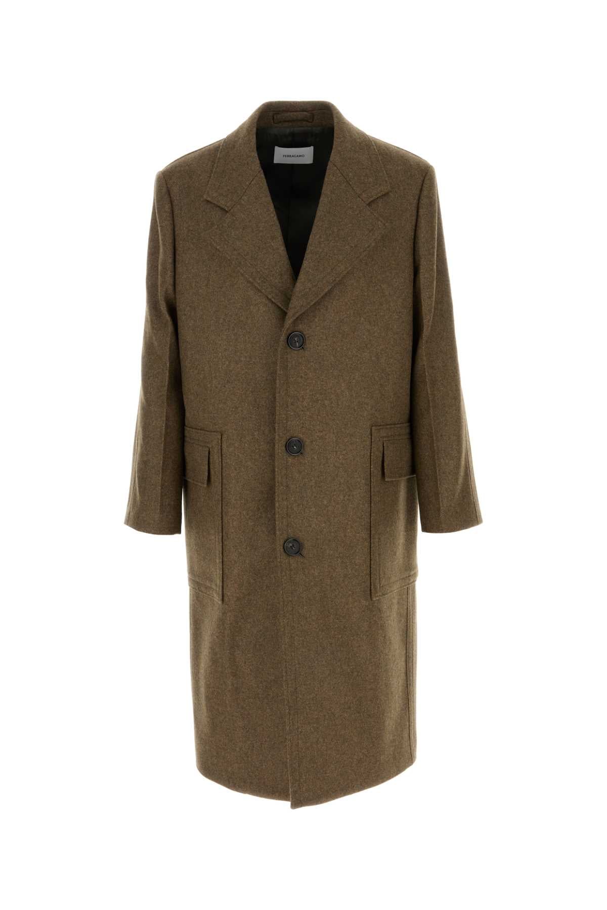 Salvatore Ferragamo Men Melange Mud Wool Coat FERRAGAMO