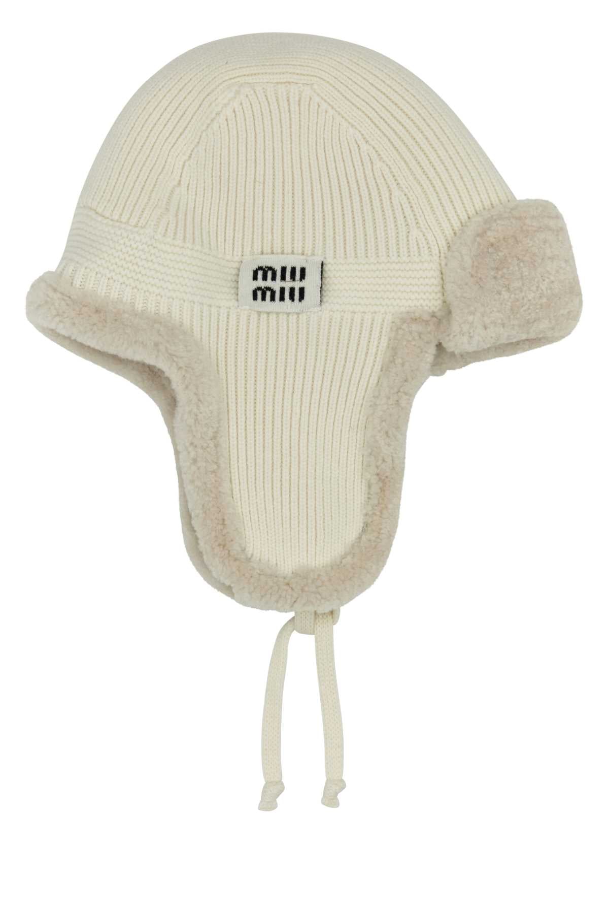 Miu Miu Women White Wool Blend Aviator Hat MIU MIU