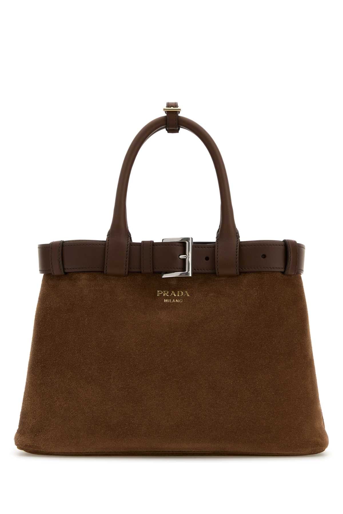 Prada Women Brown Suede Prada Buckle Medium Handbag PRADA