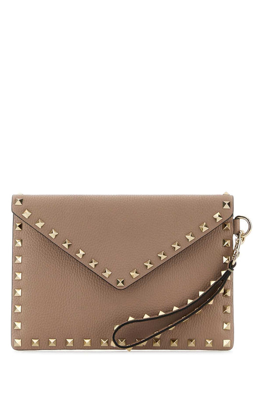 Valentino Garavani Women Antiqued Pink Leather Rockstud Clutch VALENTINO GARAVANI