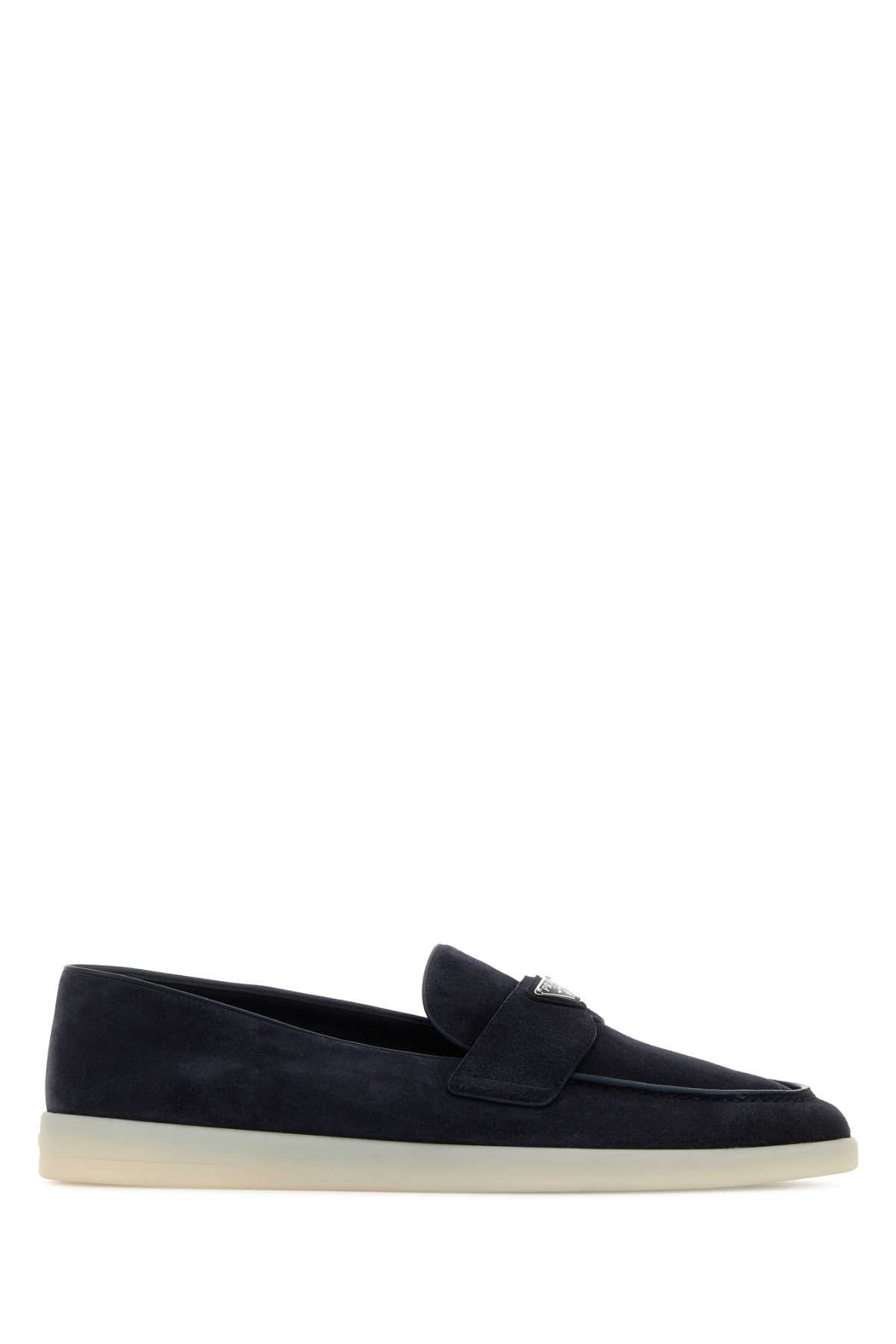 Prada Men Navy Blue Suede Loafers PRADA