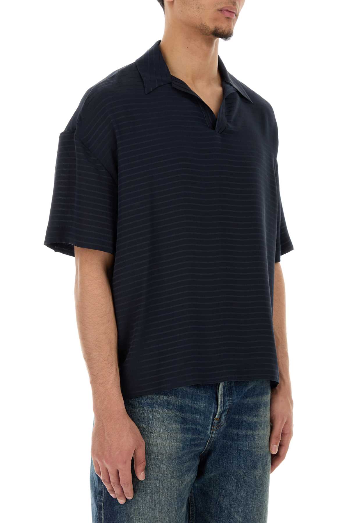 Saint Laurent Men Navy Blue Silk Oversize Polo Shirt SAINT LAURENT