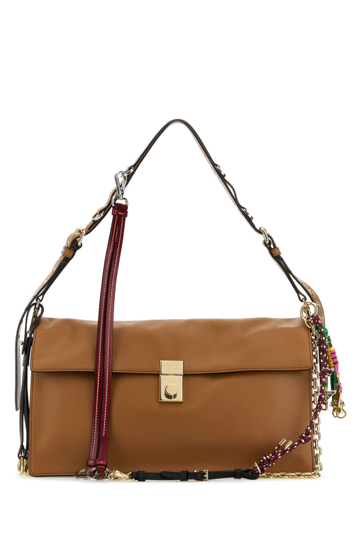 Prada Women Camel Leather Large Prada Soft Sound Shoulder Bag PRADA