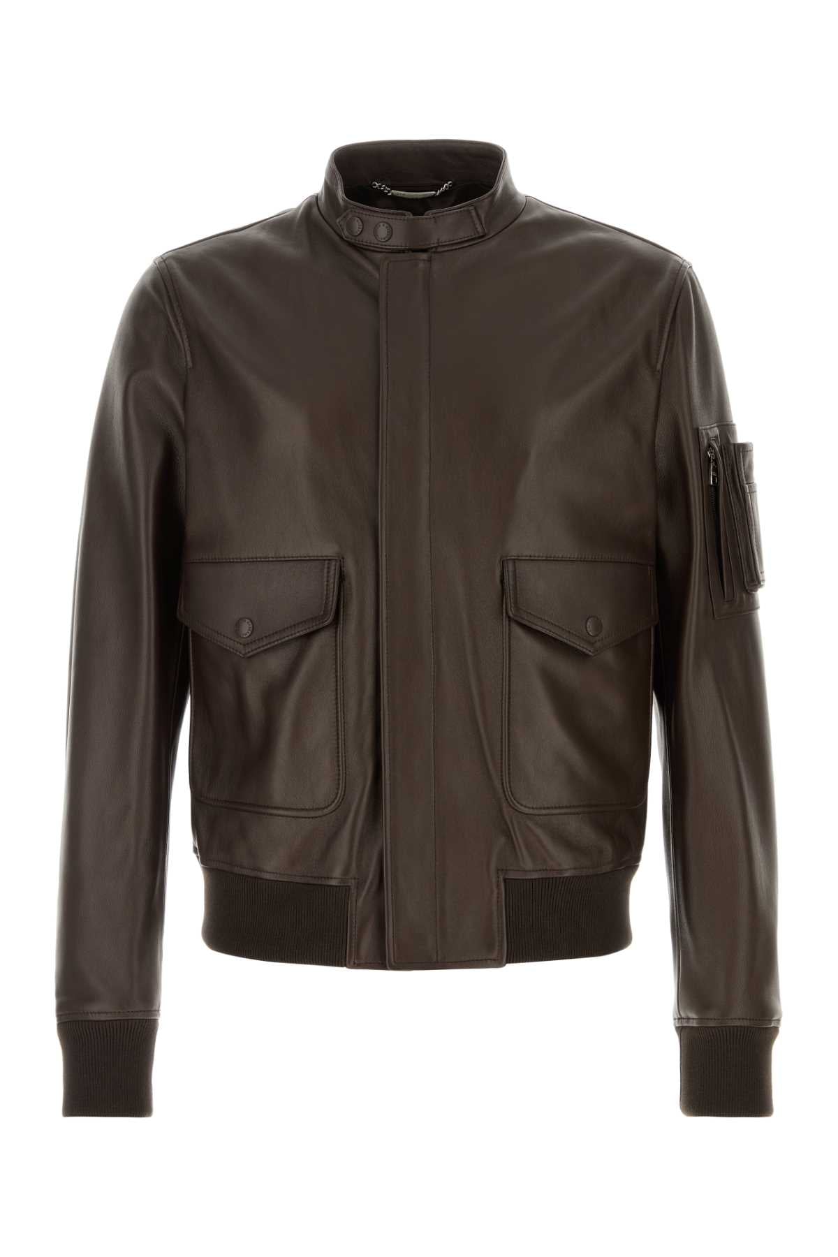 Dolce & Gabbana Men Brown Leather Jacket DOLCE & GABBANA