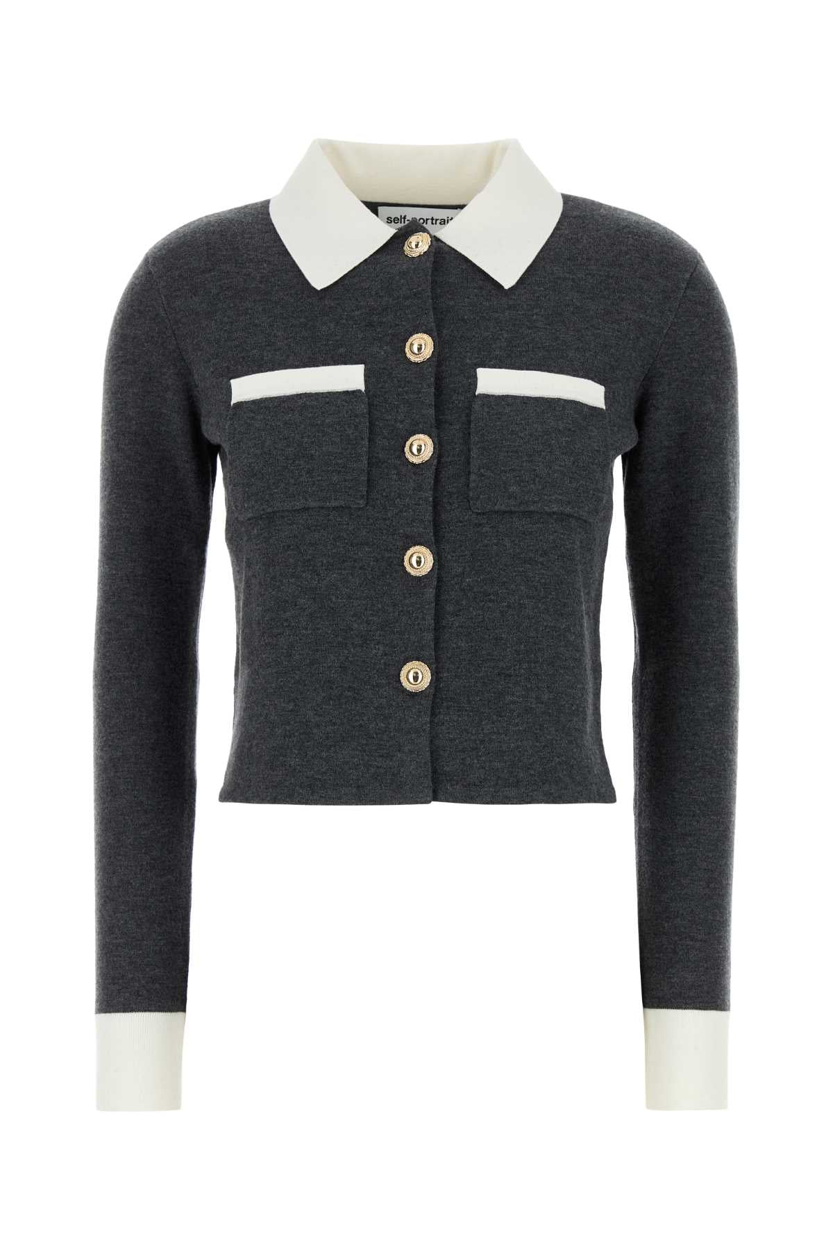 Self Portrait Women Dark Grey Stretch Wool Blend Cardigan SELF-PORTRAIT