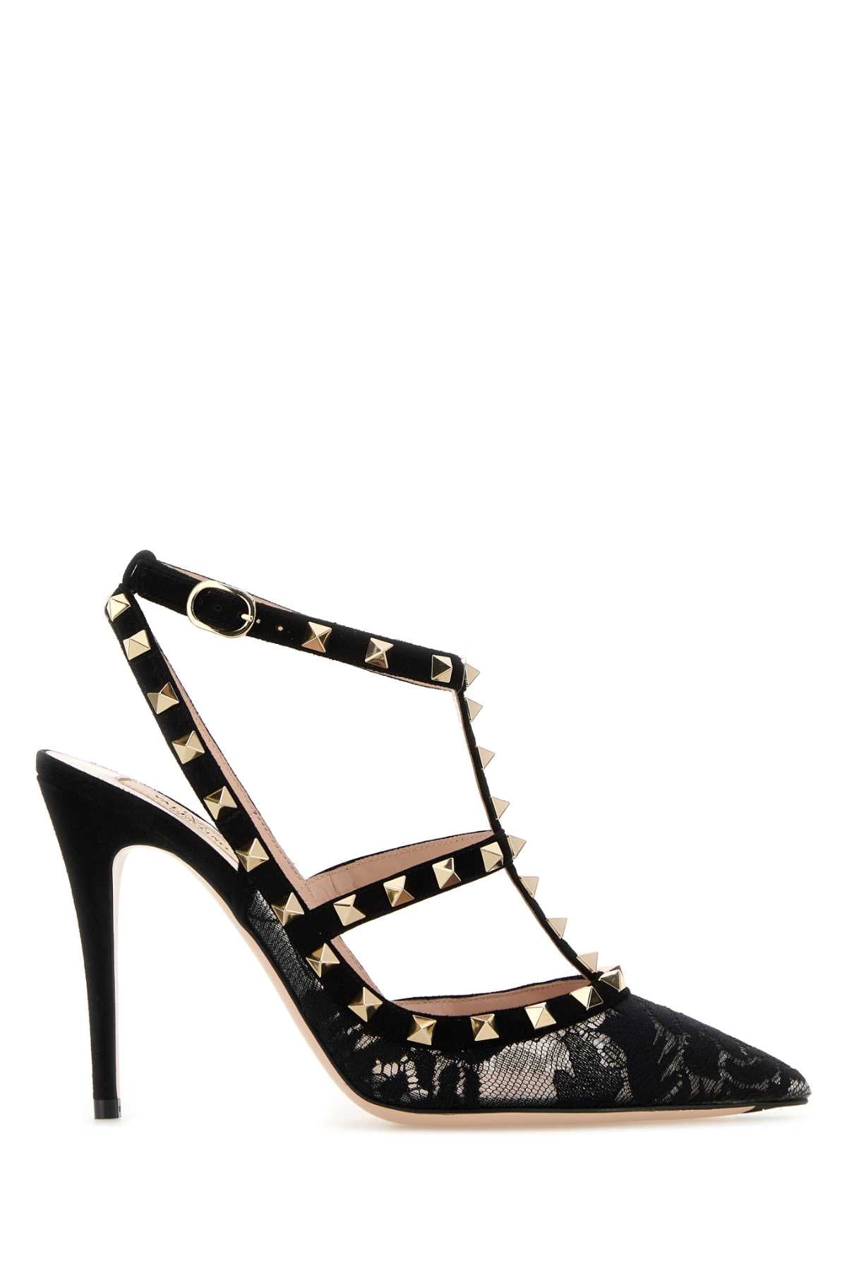 Valentino Garavani Women Black Lace And Suede Rockstud Pumps VALENTINO GARAVANI