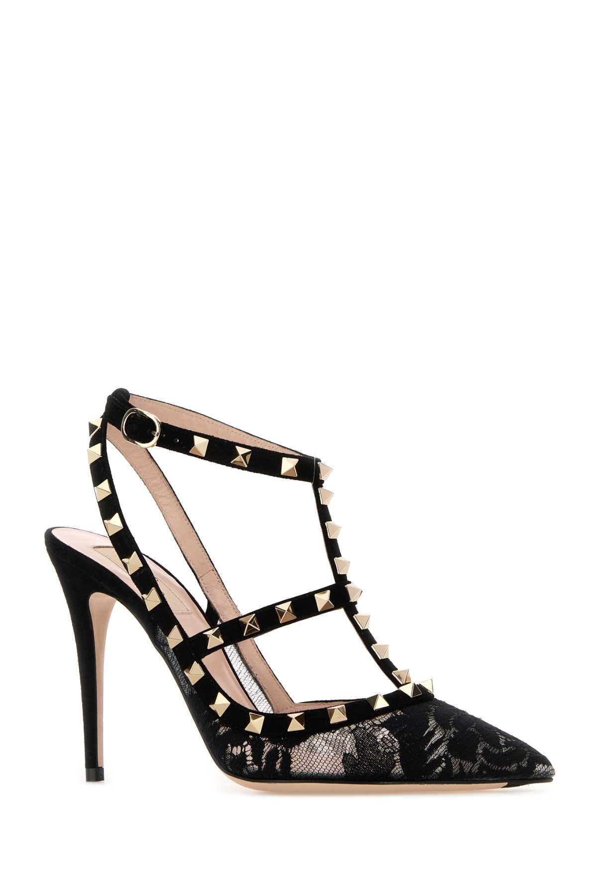 Valentino Garavani Women Black Lace And Suede Rockstud Pumps VALENTINO GARAVANI