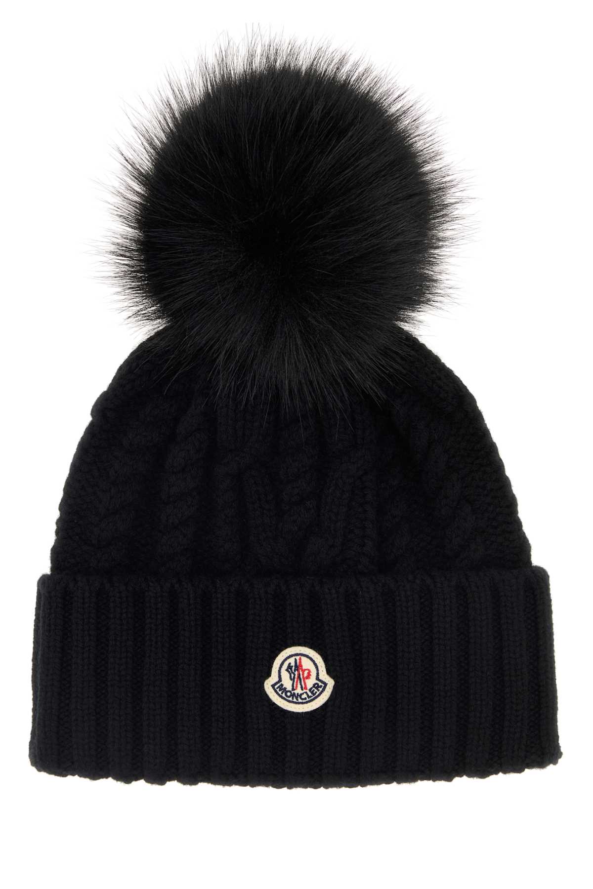 Moncler Women Black Wool Blend Beanie Hat MONCLER