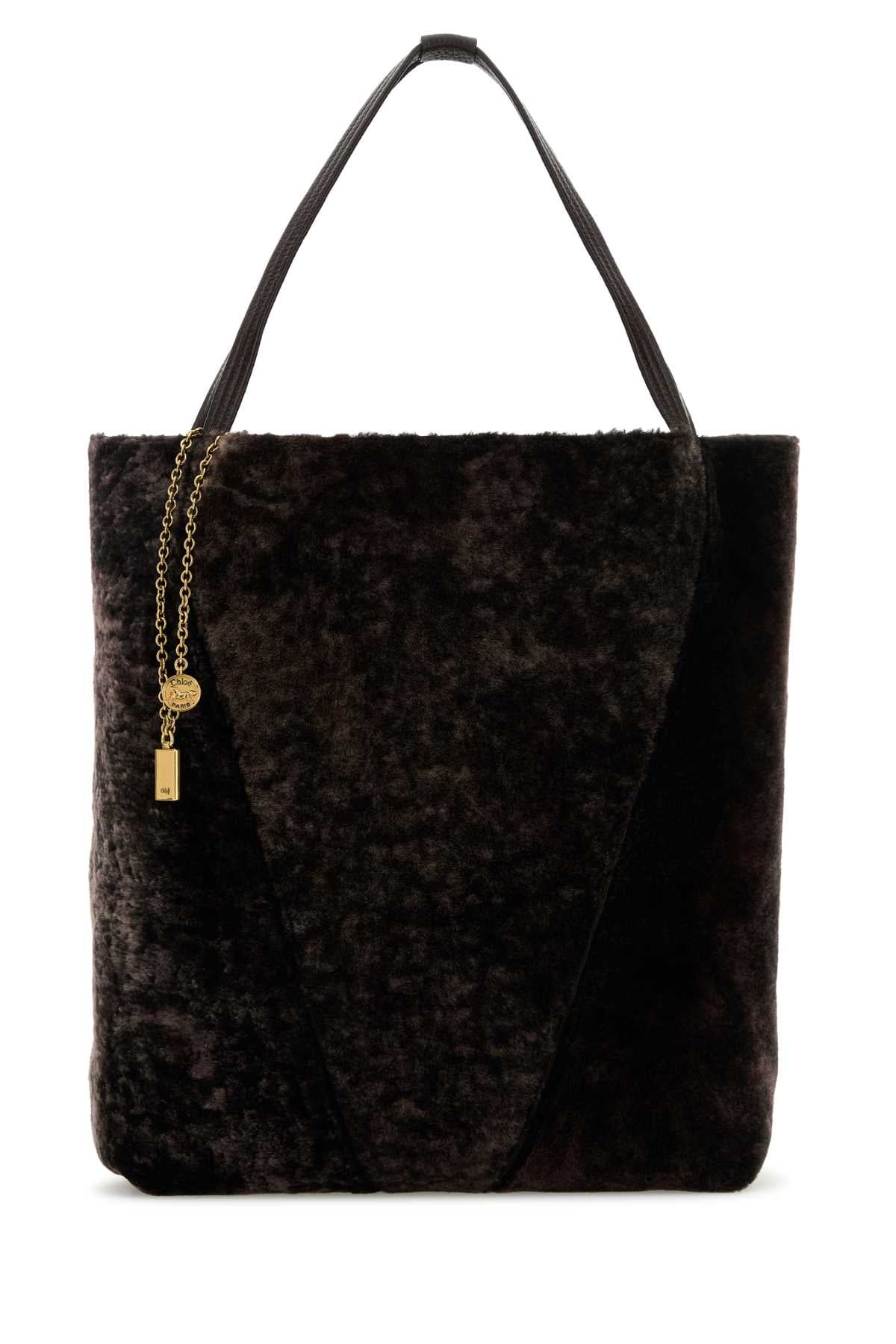 Chloe Women Dark Brown Shearling Large Chloã¨ Spin Shopping Bag CHLOE