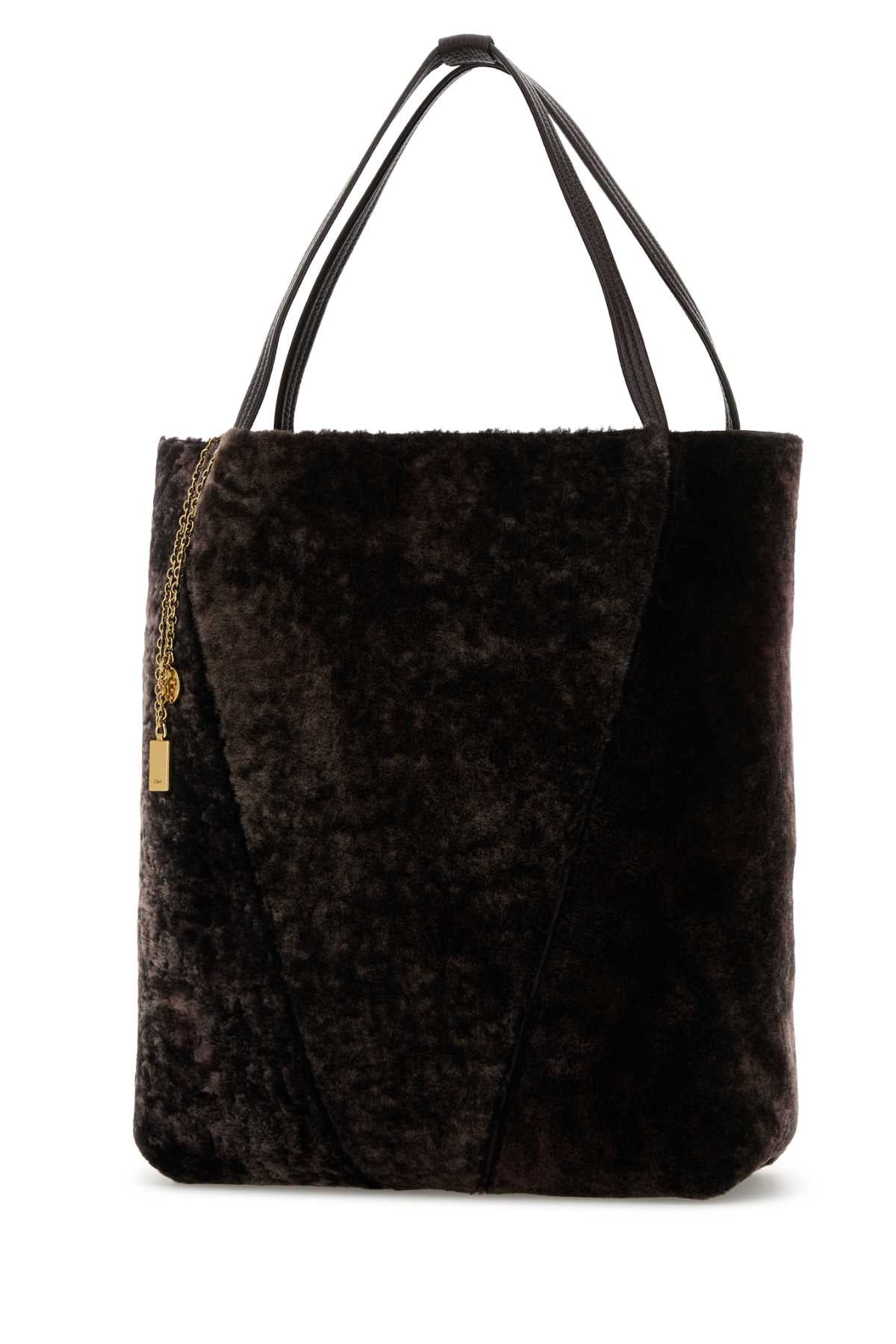 Chloe Women Dark Brown Shearling Large Chloã¨ Spin Shopping Bag CHLOE
