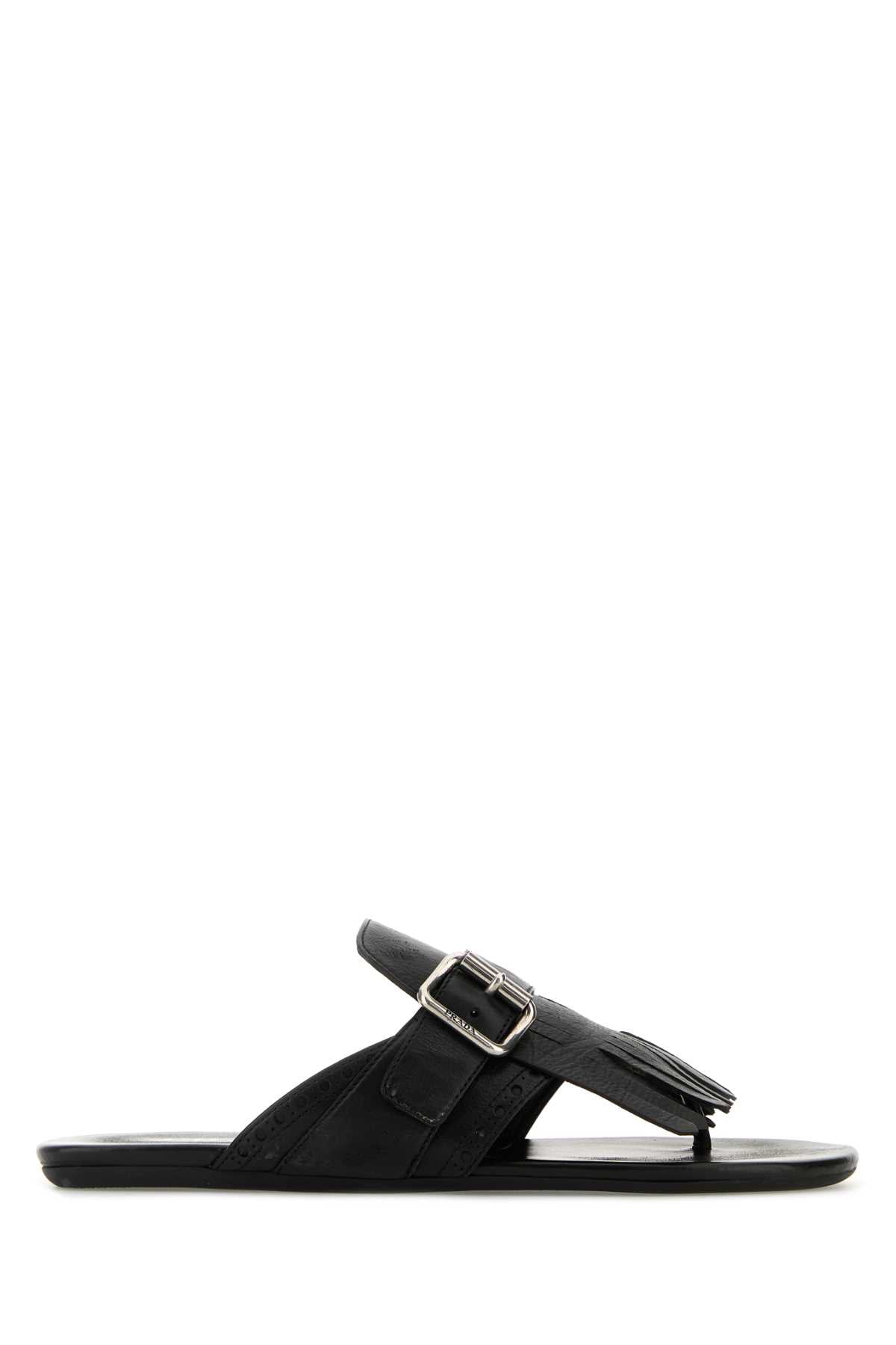 Prada Women Black Leather Shuffle Thong Slippers PRADA