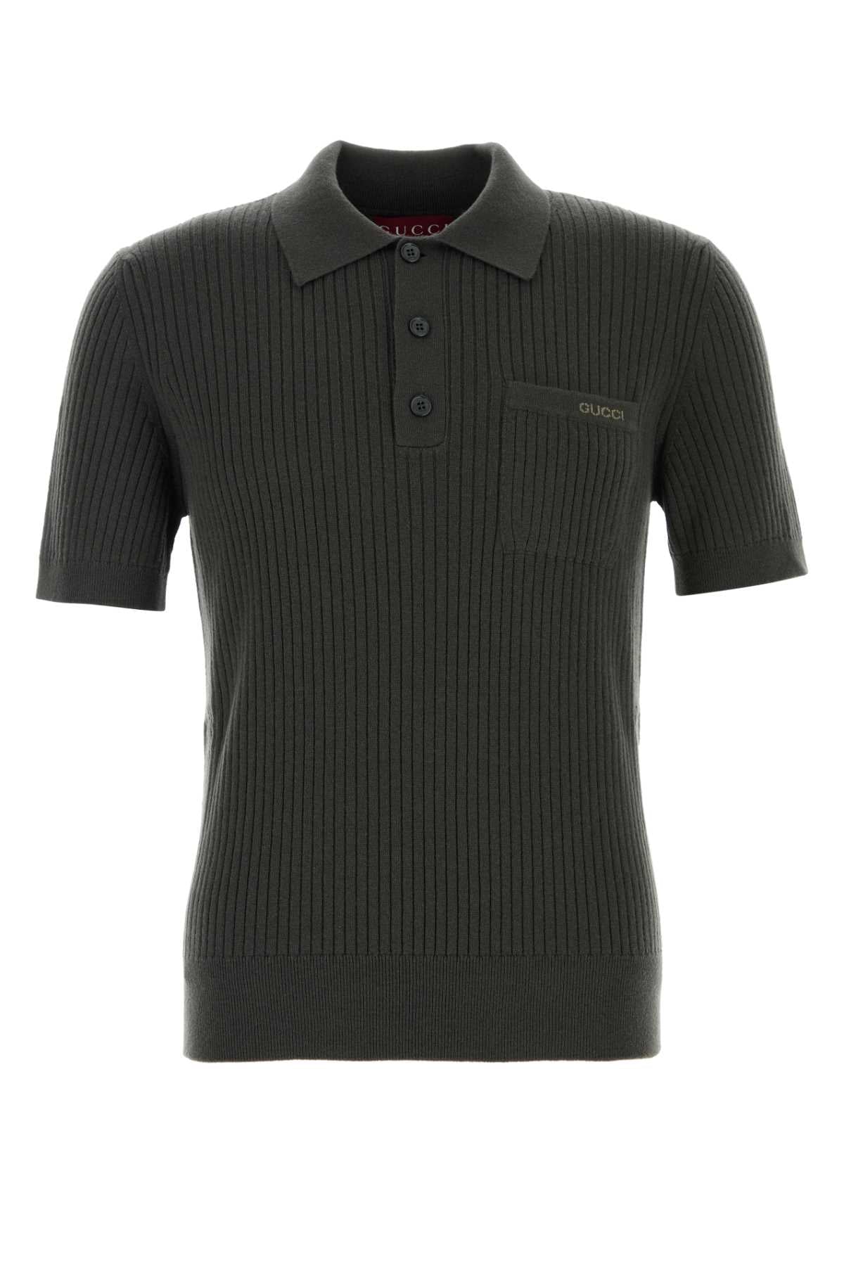 Gucci Men Dark Grey Wool Blend Polo Shirt GUCCI