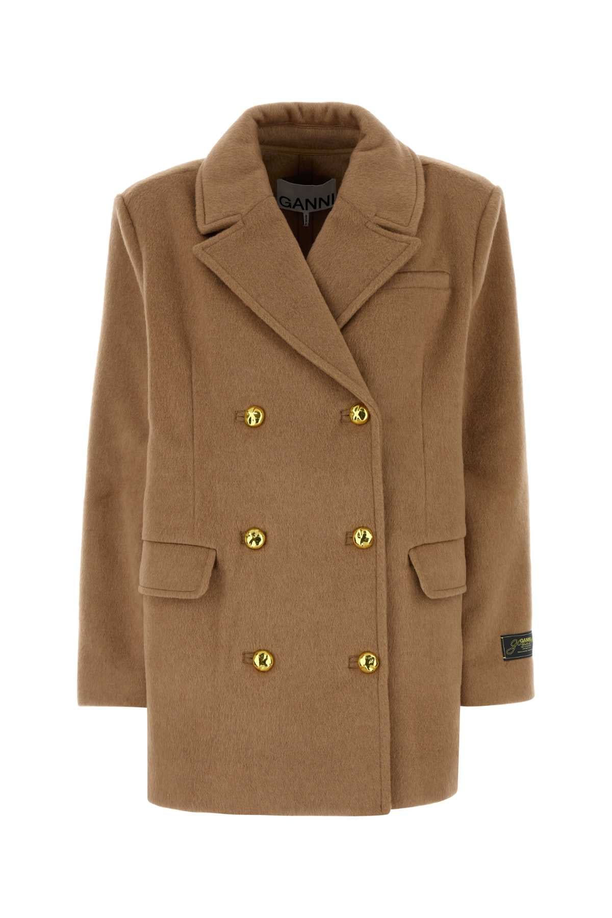 Ganni Women Camel Wool Blend Coat GANNI