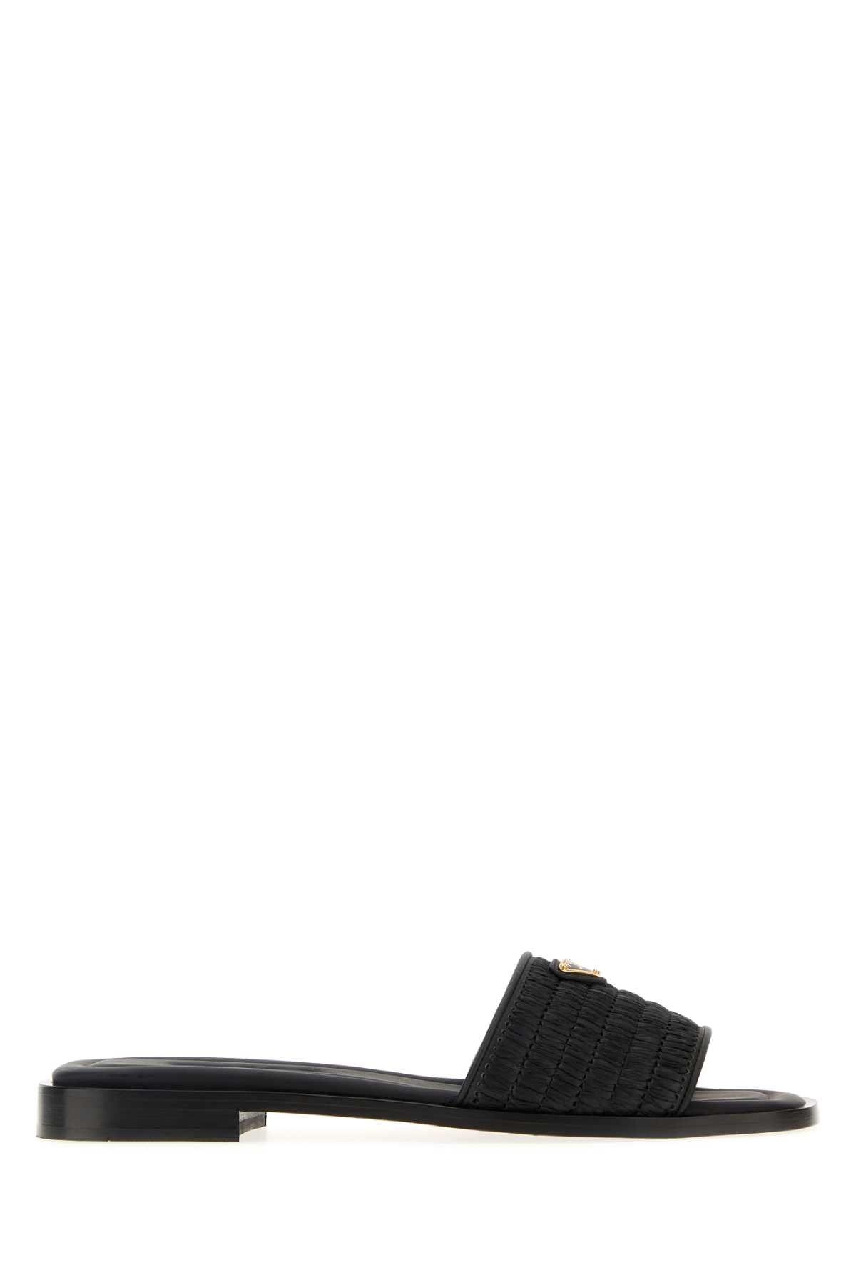Prada Women Black Raffia And Leather Slippers PRADA