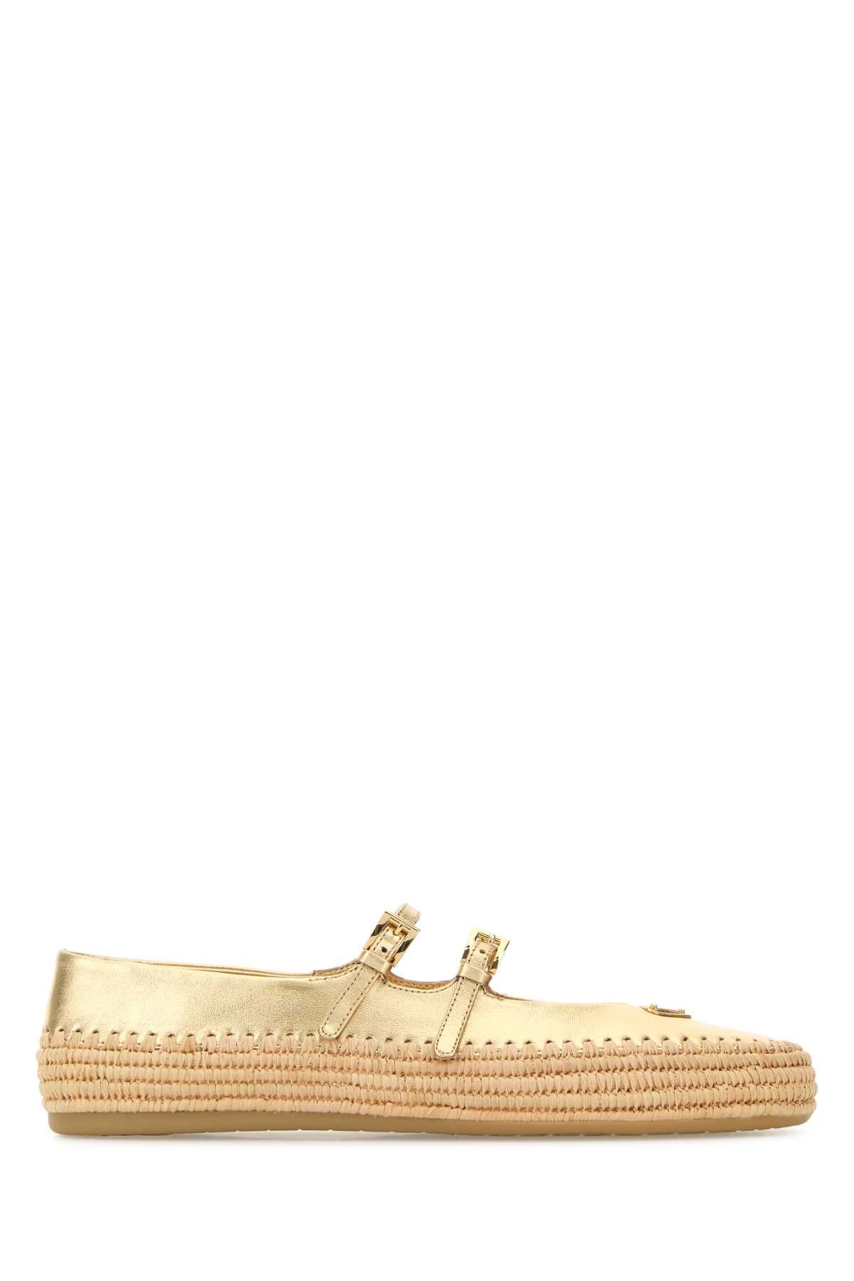 Prada Women Gold Raffia And Leather Espadrilles PRADA