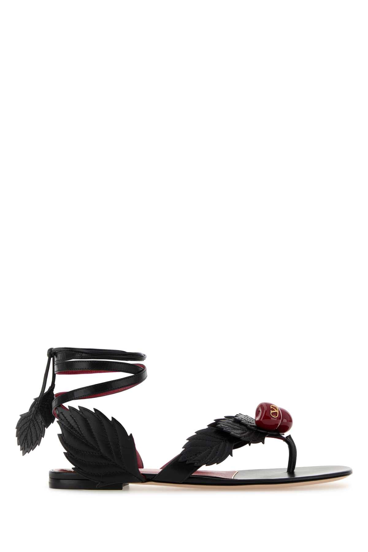 Valentino Garavani Women Black Leather Cherryfic Thong Sandals VALENTINO GARAVANI