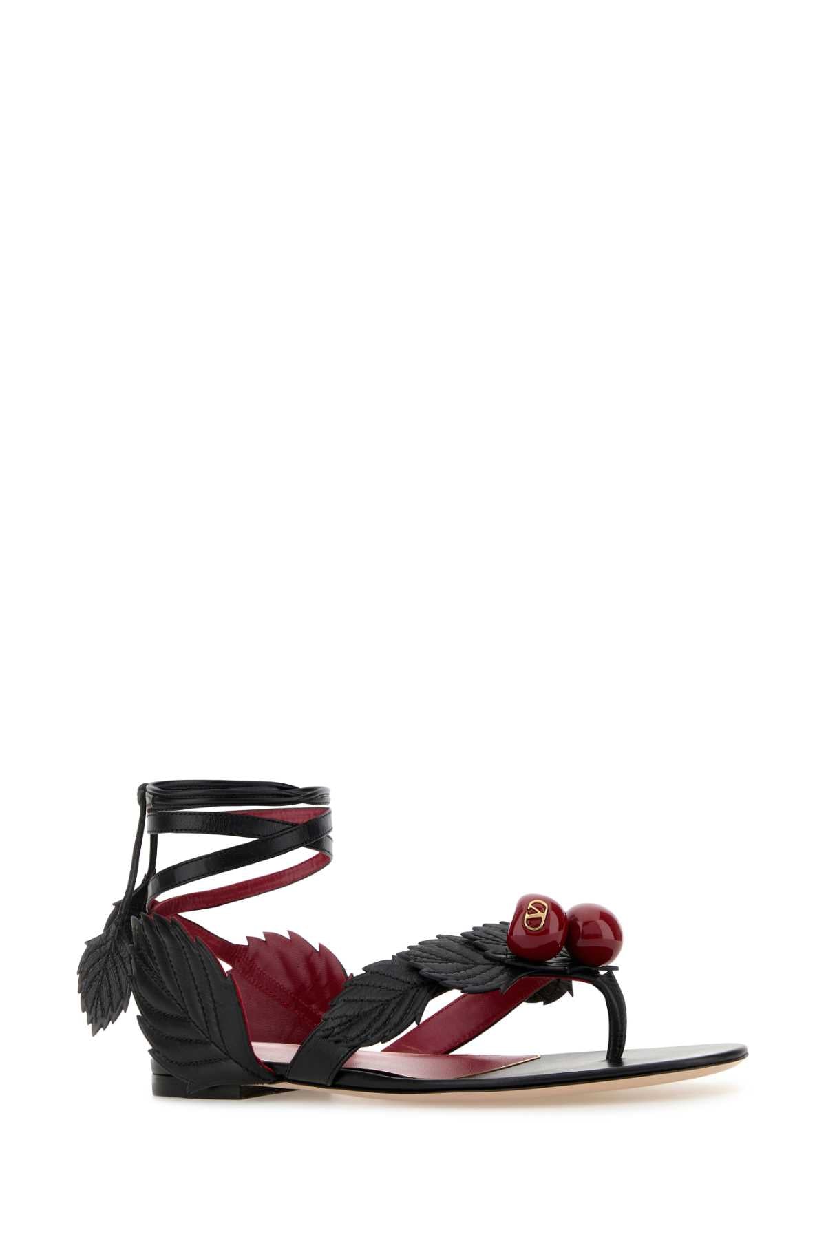 Valentino Garavani Women Black Leather Cherryfic Thong Sandals VALENTINO GARAVANI