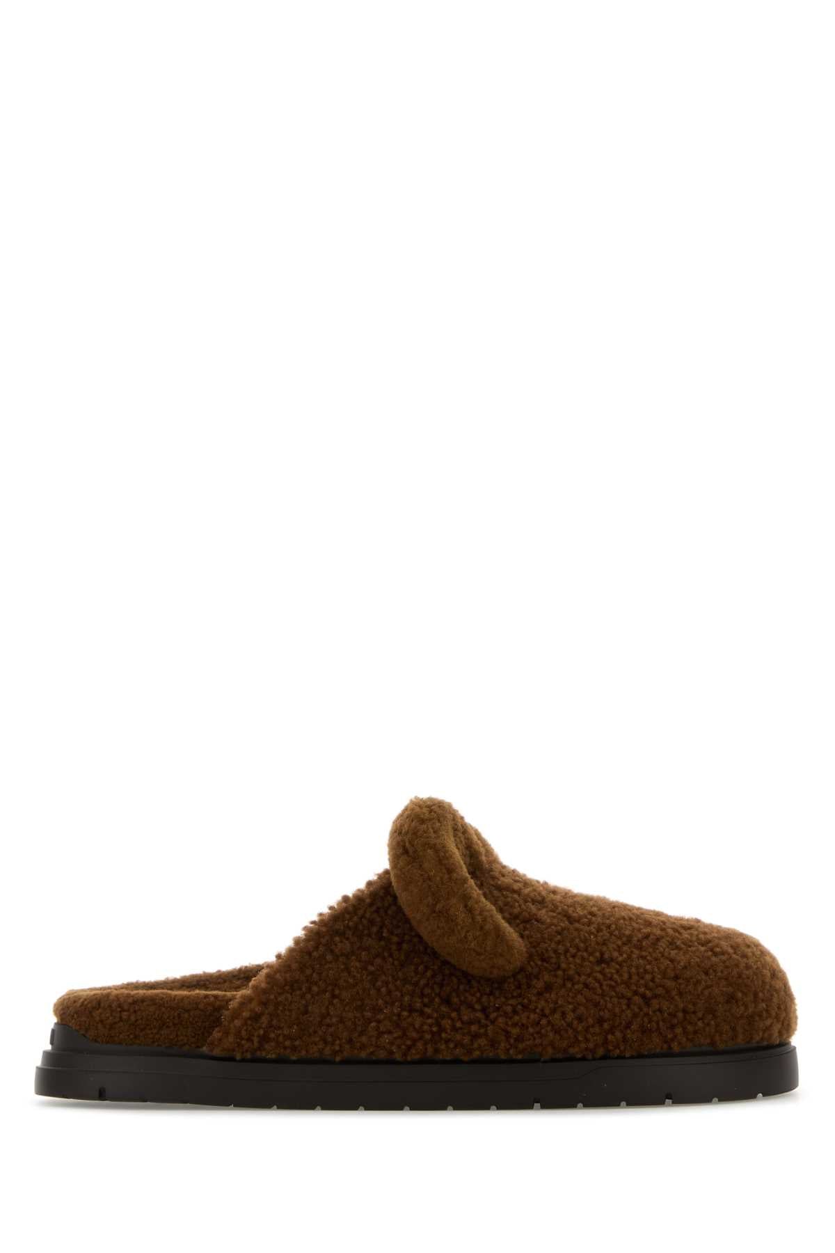 Fendi Men Brown Shearling Slippers FENDI
