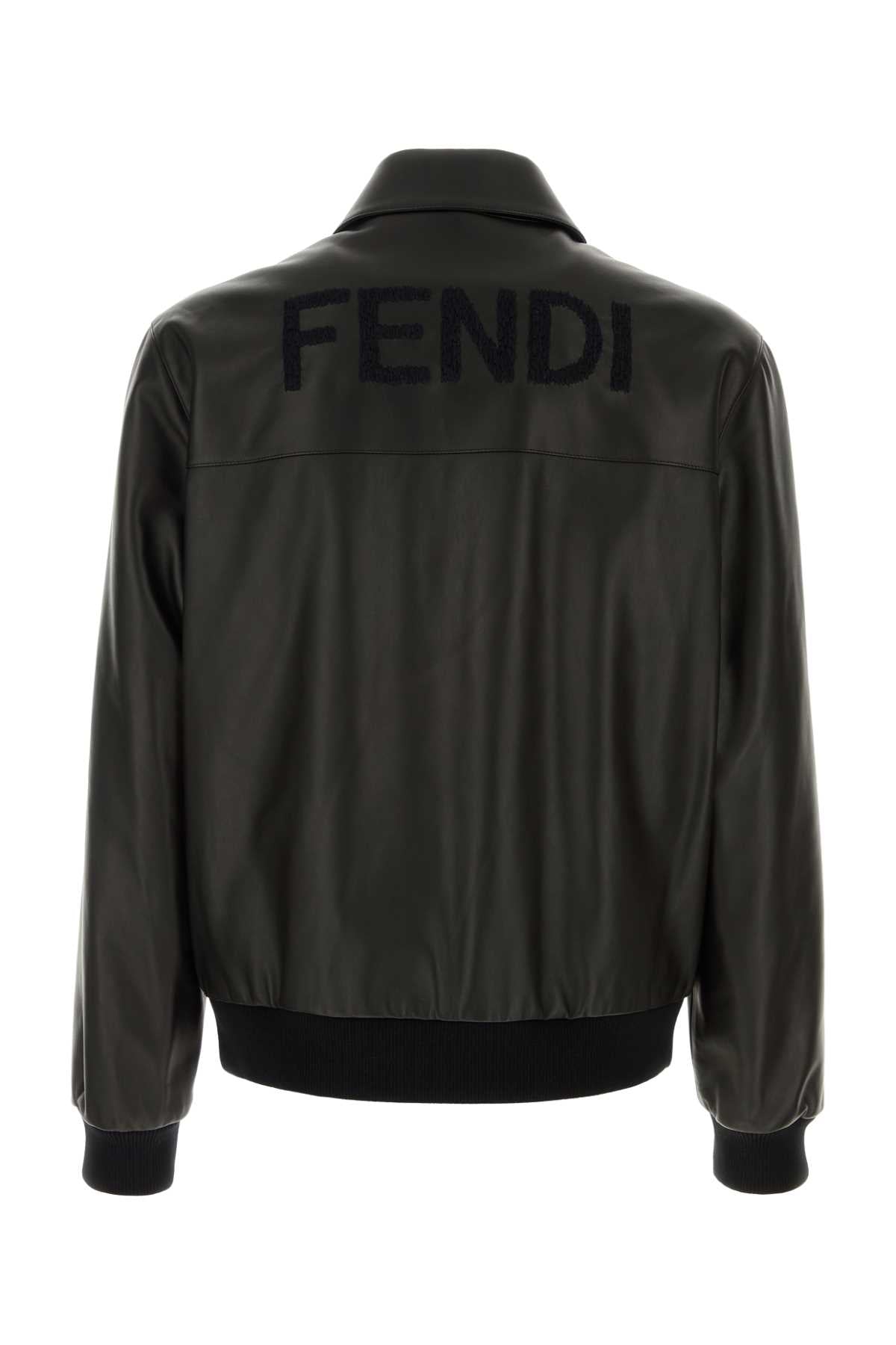 Fendi Men Black Leather Bomber Jacket FENDI