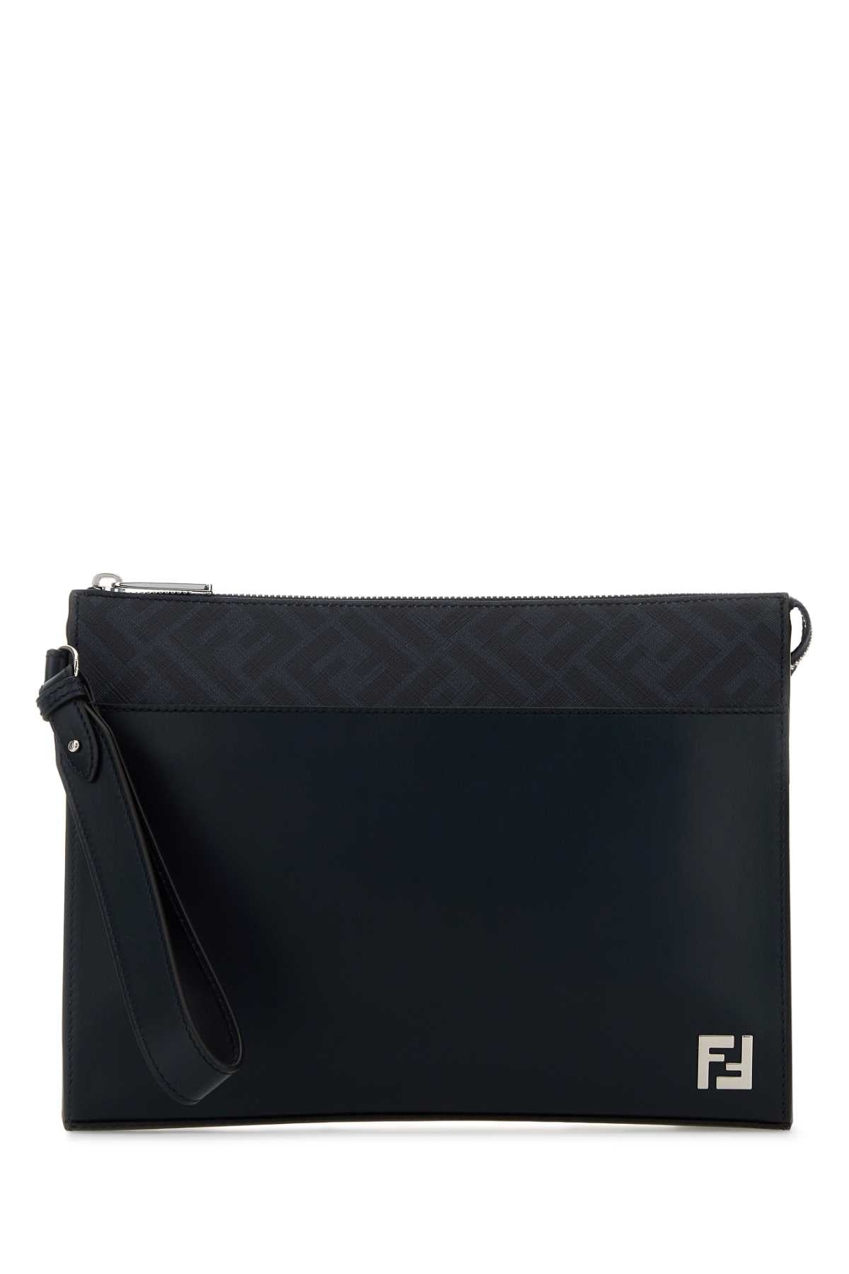 Fendi Men Midnight Blue Leather Squared Ff Clutch