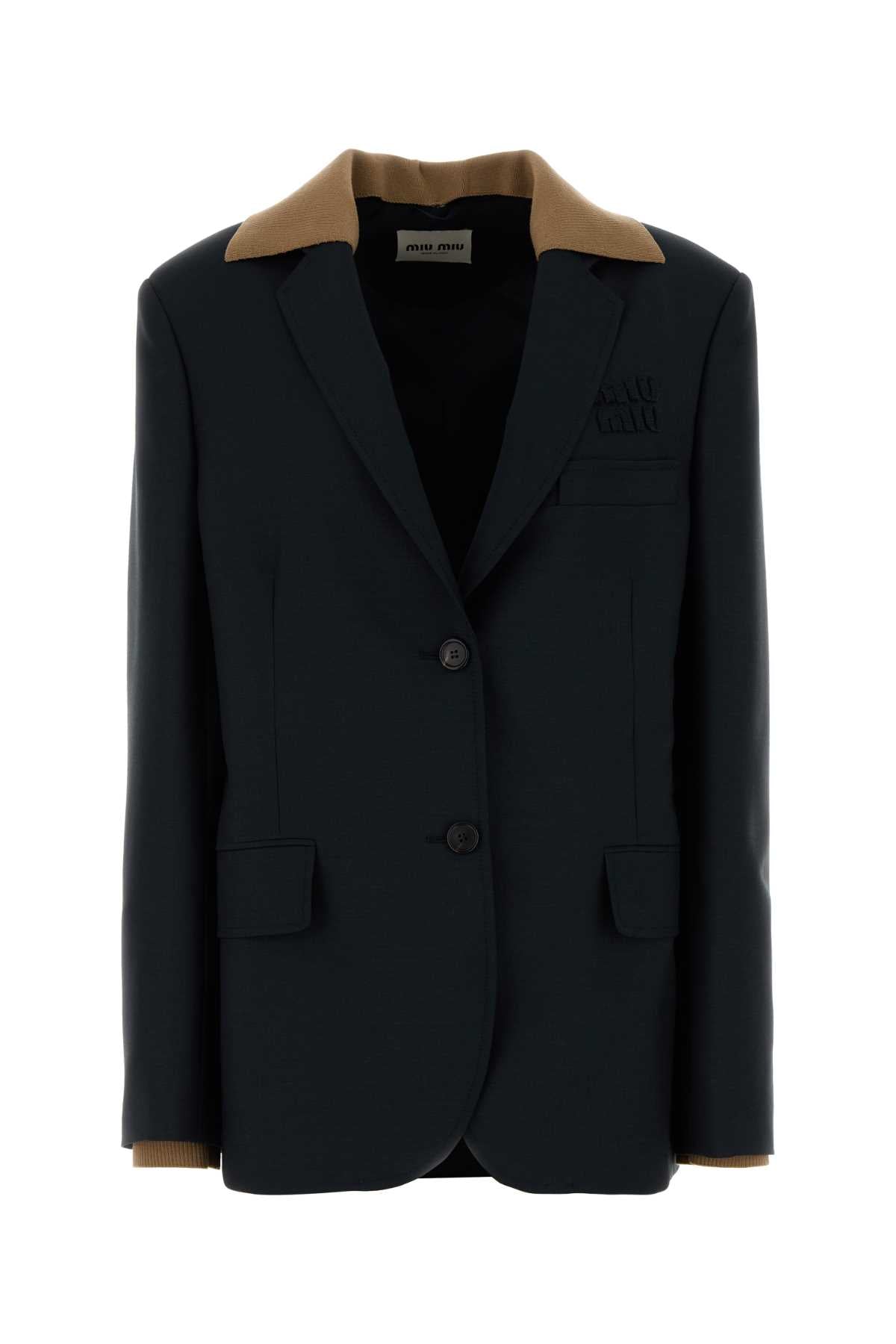 Miu Miu Women Midnight Blue Mohair Blend Oversize Blazer MIU MIU
