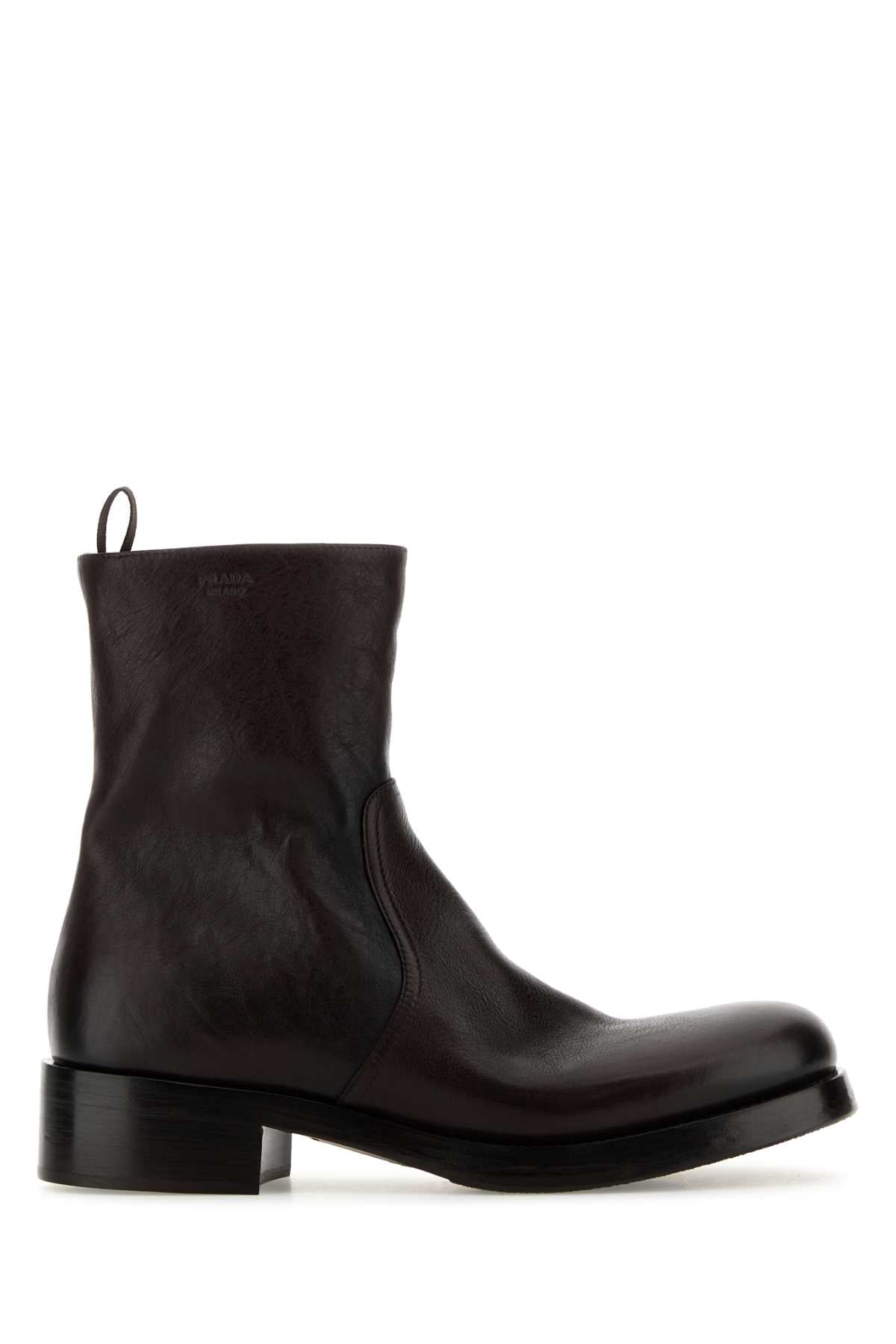 Prada Women Dark Brown Leather Ankle Boots PRADA
