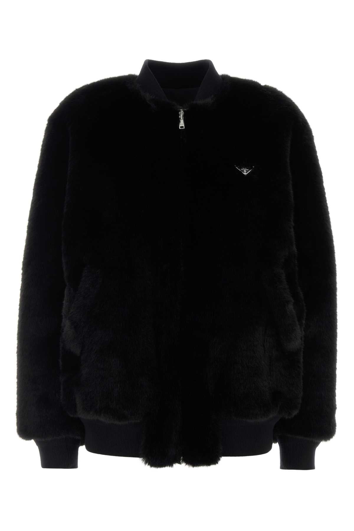 Prada Women Black Eco Fur Bomber Jacket
