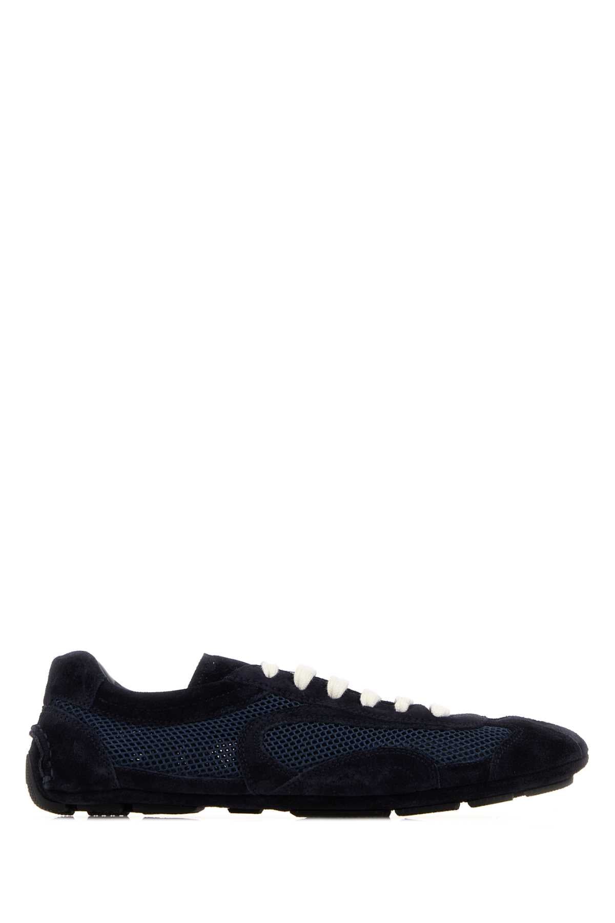 Prada Women Midnight Blue Suede And Mesh Montecarlo Sneakers PRADA