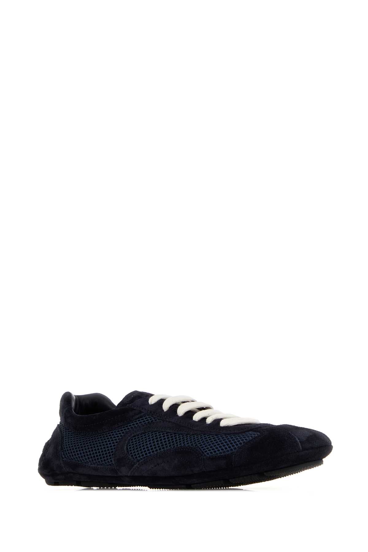 Prada Women Midnight Blue Suede And Mesh Montecarlo Sneakers PRADA