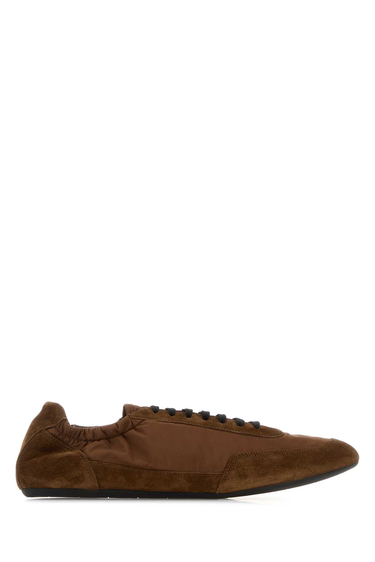 Prada Men Brown Nylon And Suede Sneakers PRADA