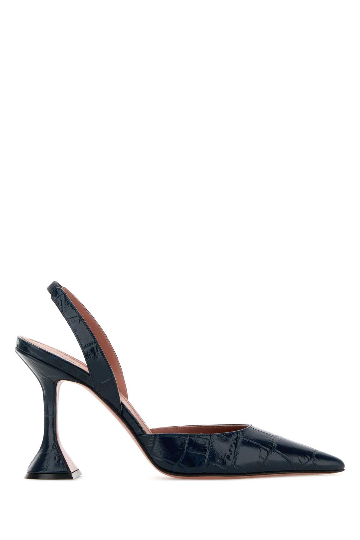 Amina Muaddi Women Navy Blue Leather Holli Sling Pumps AMINA MUADDI