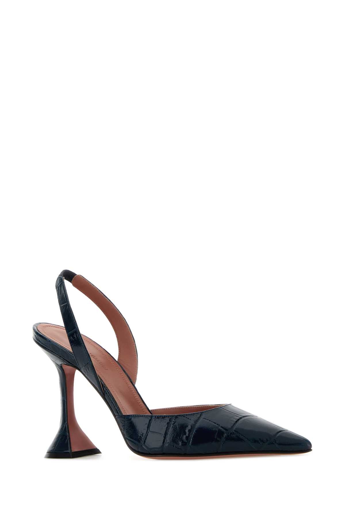 Amina Muaddi Women Navy Blue Leather Holli Sling Pumps AMINA MUADDI