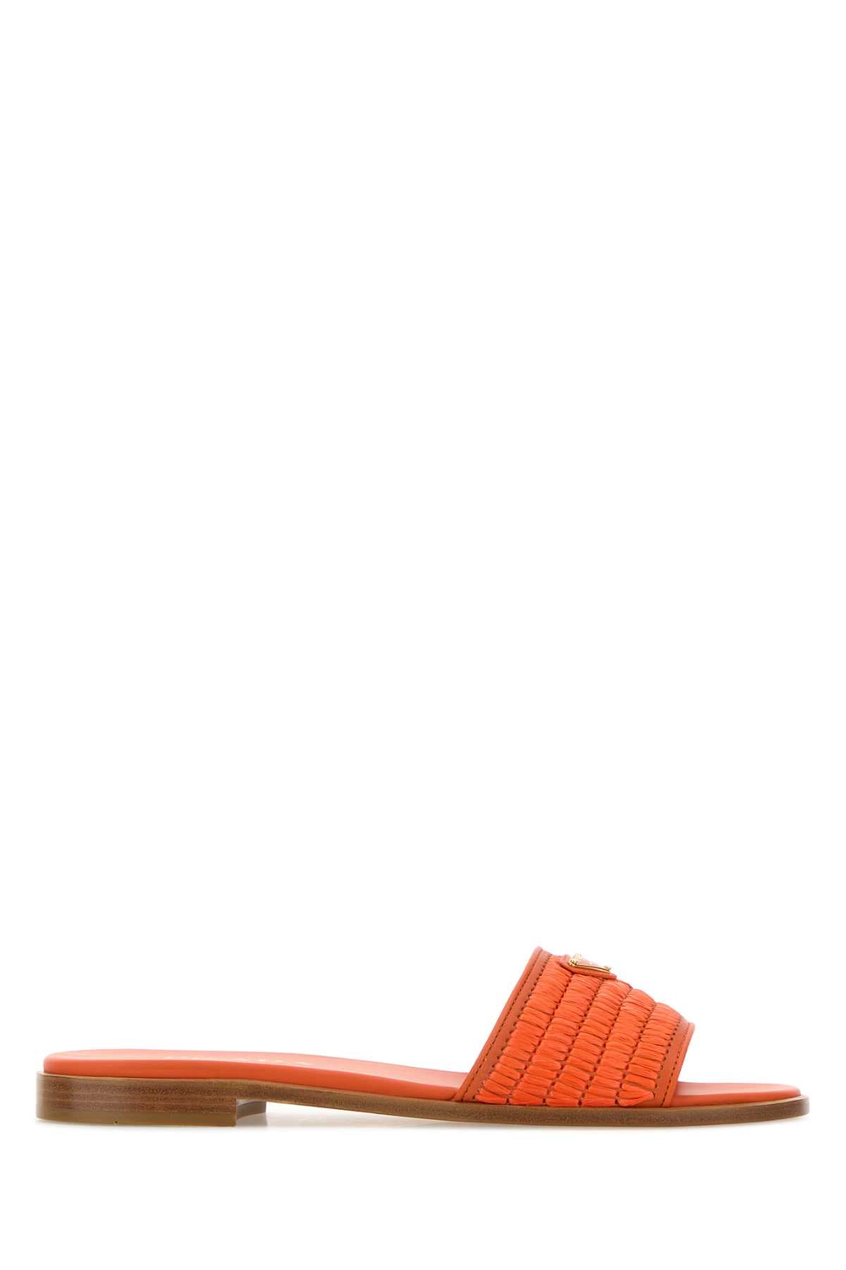 Prada Women Orange Raffia Slippers PRADA