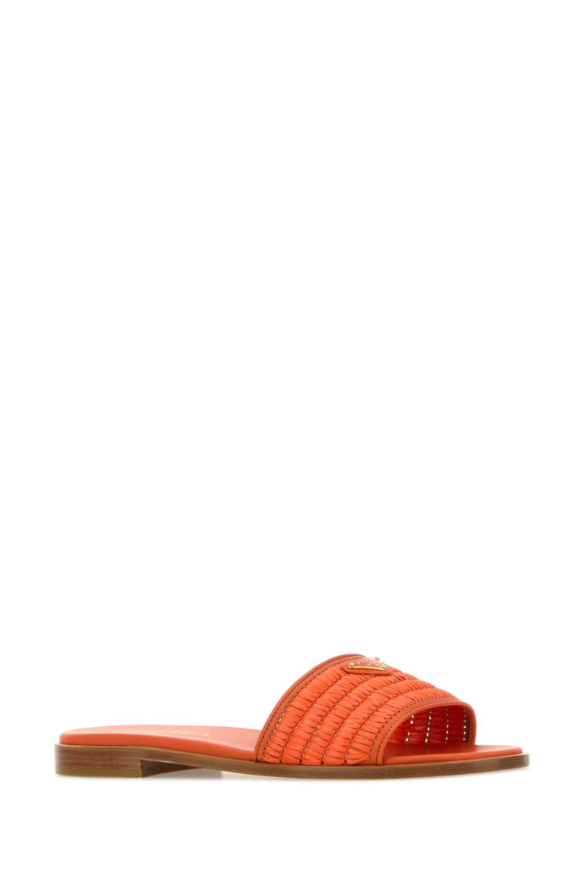 Prada Women Orange Raffia Slippers PRADA
