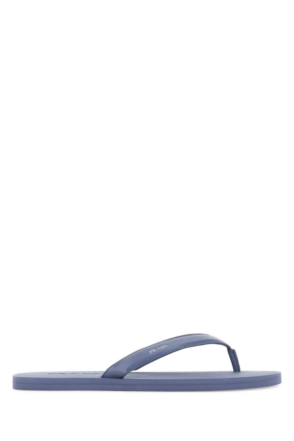 Prada Men Cerulean Blue Leather Thong Slippers PRADA