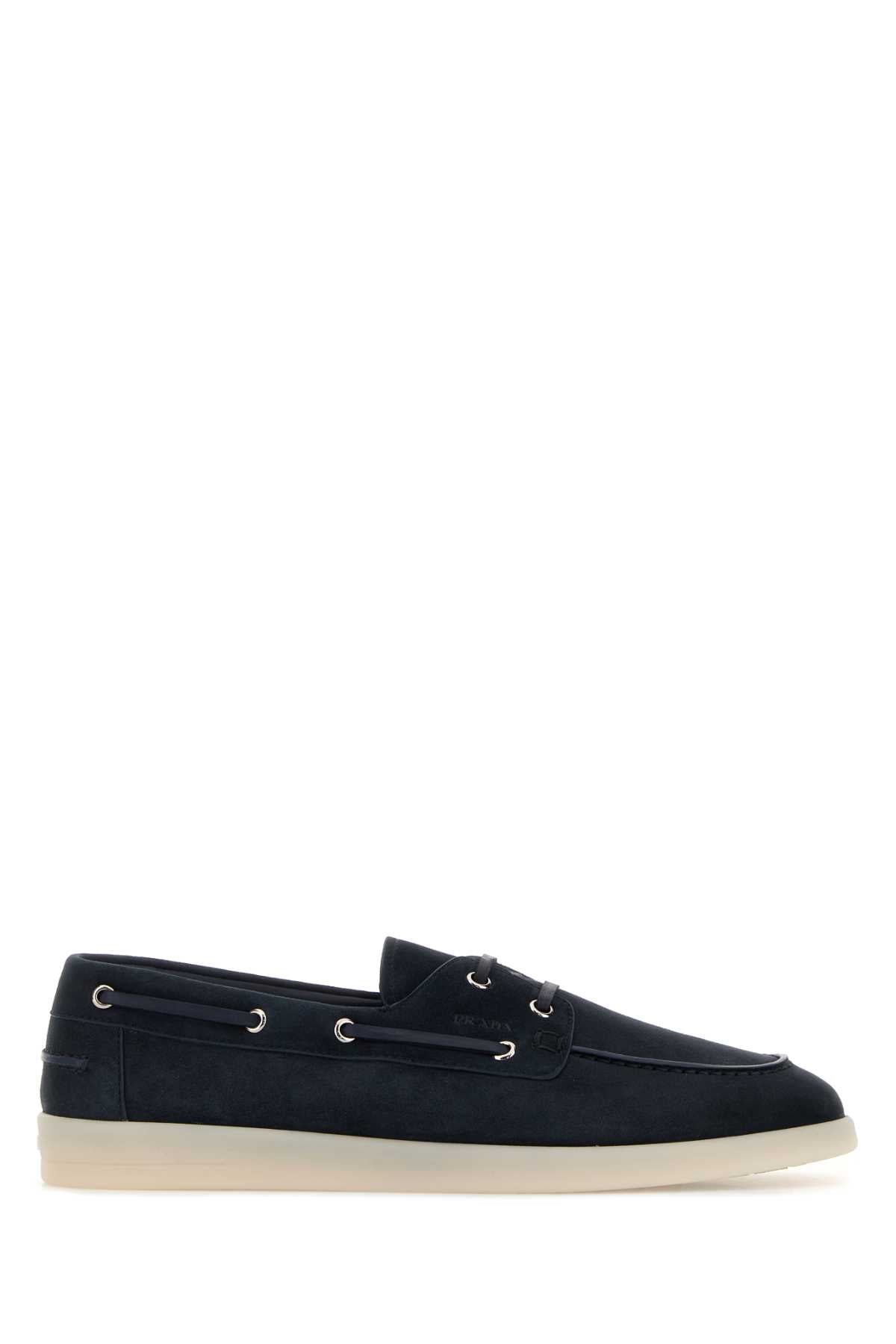 Prada Men Navy Blue Suede Loafers PRADA
