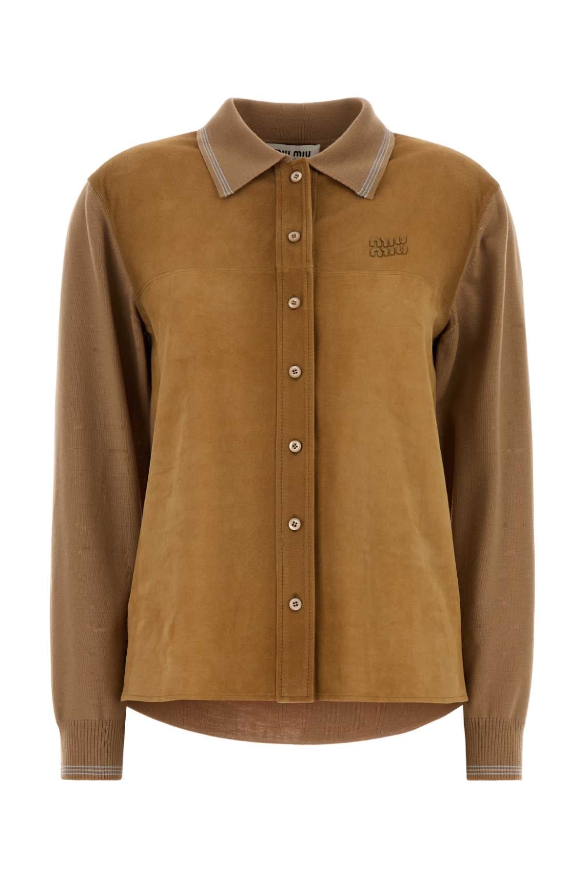 Miu Miu Women Camel Wool And Suede Cardigan MIU MIU