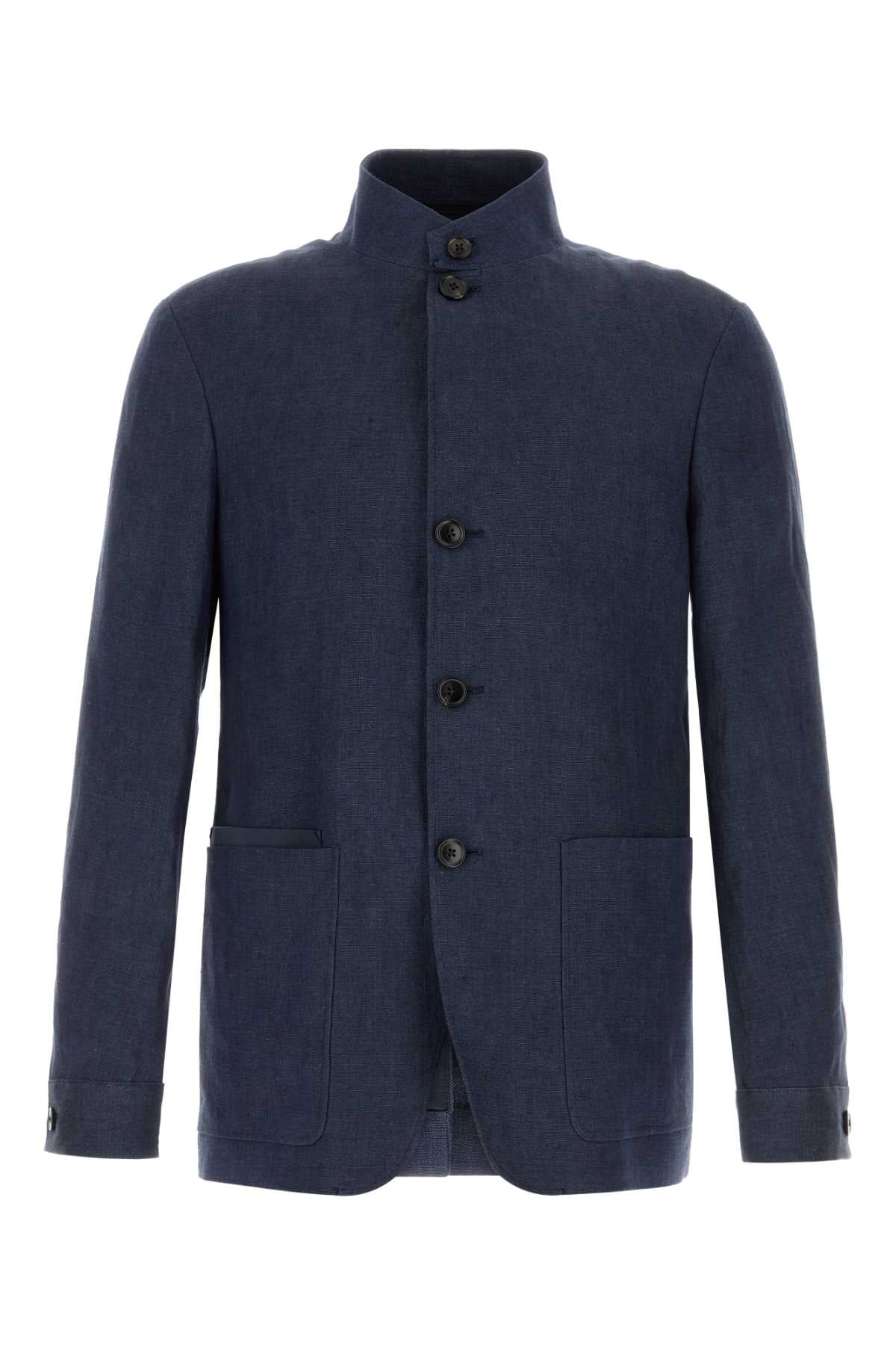 Zegna Men Navy Blue Linen Blazer ZEGNA