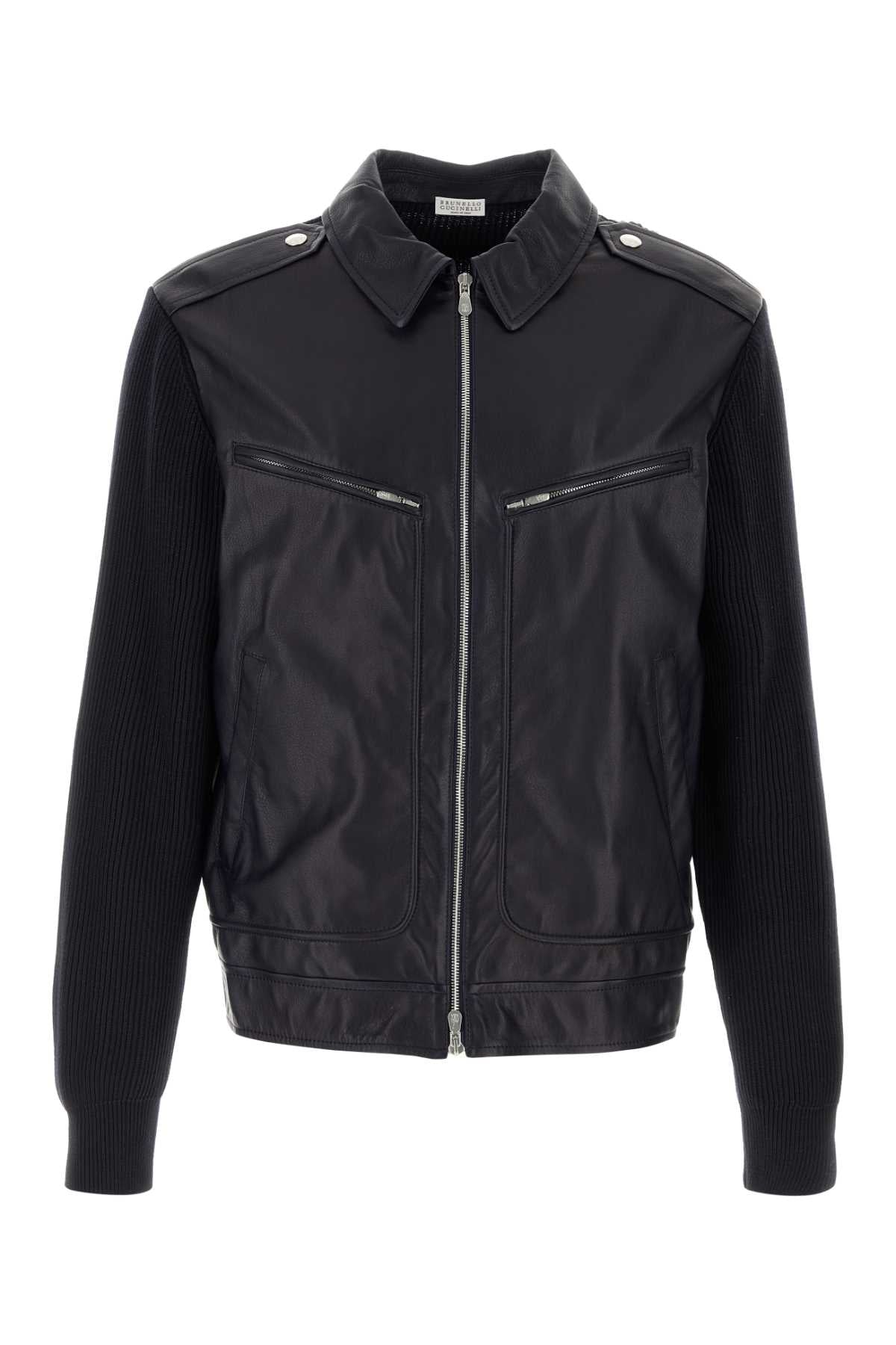 Brunello Cucinelli Men Blue Leather And Knit Jacket BRUNELLO CUCINELLI
