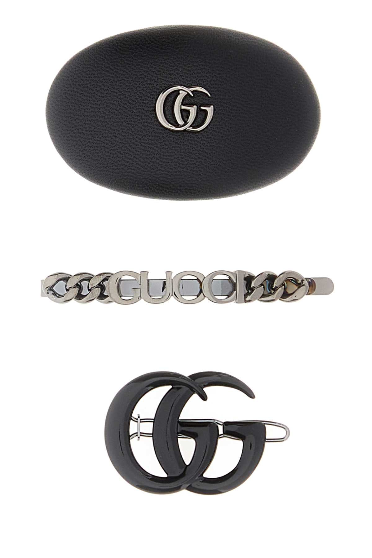 Gucci Women Black Leather And Metal Hair Clips Set GUCCI