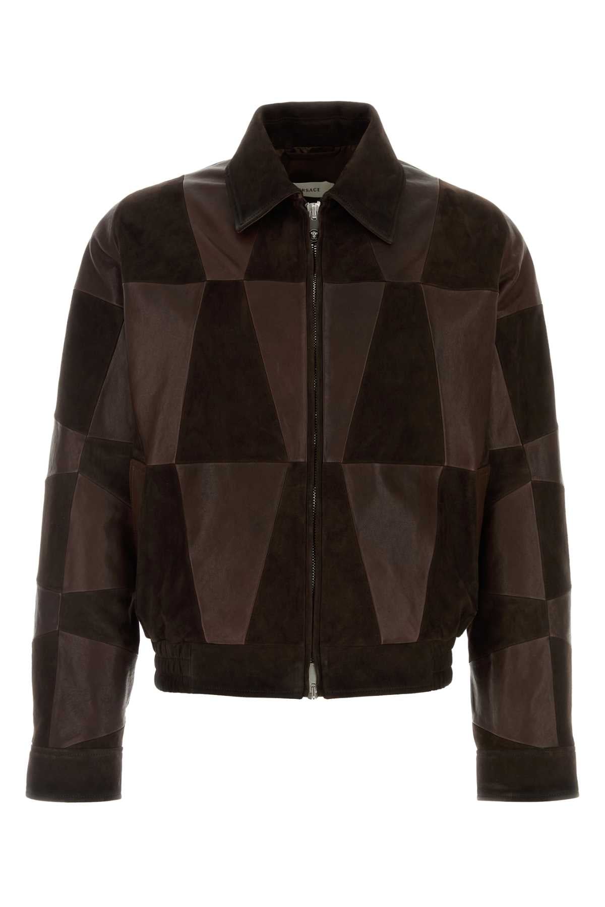 Versace Men Brown Leather Jacket VERSACE