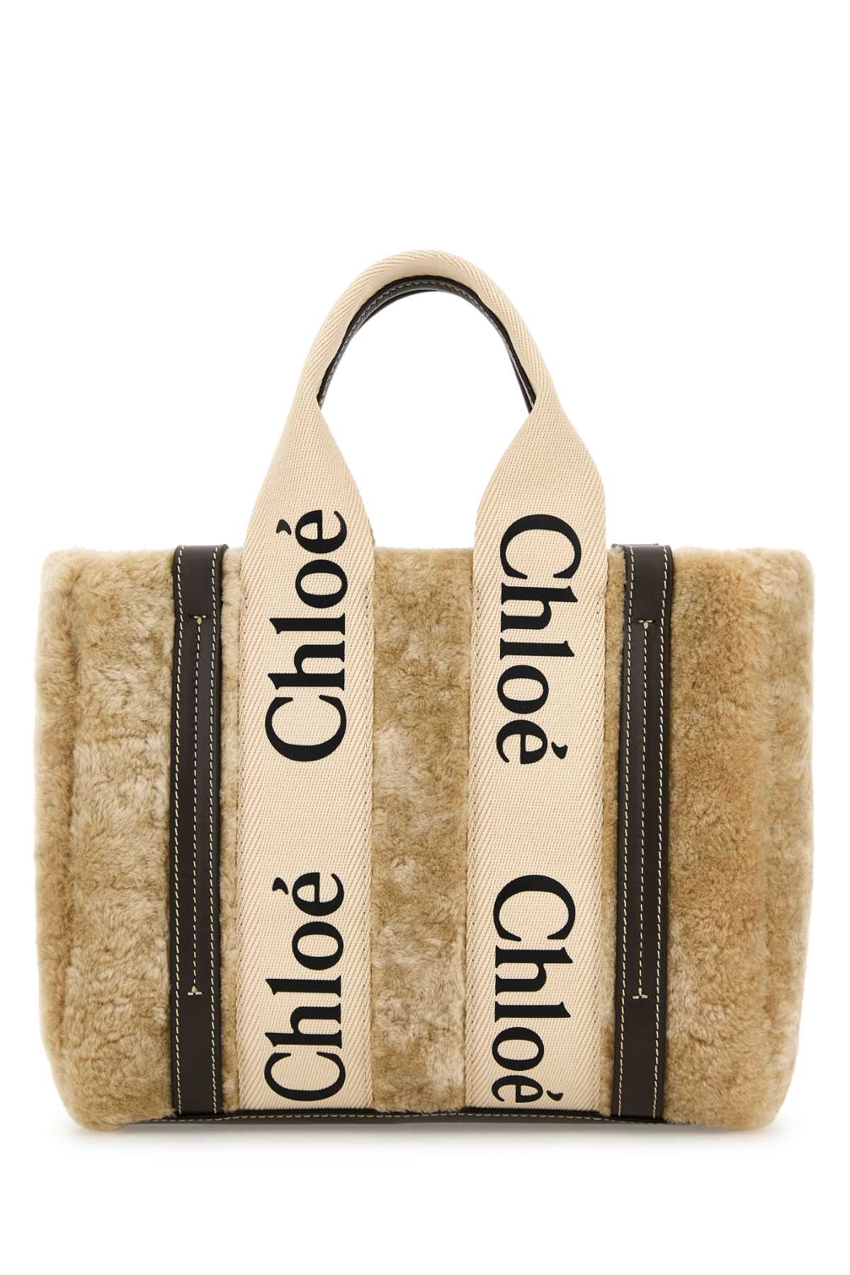 Chloe Women Beige Shearling Small Woody Shopping Bag CHLOE
