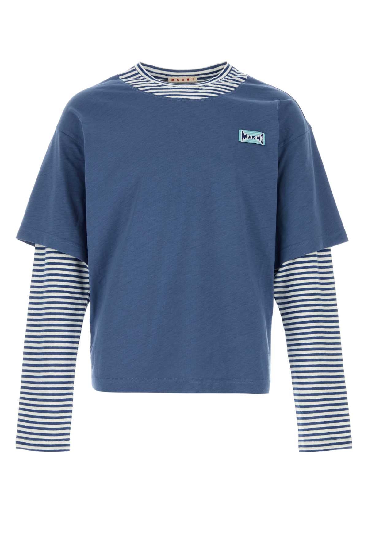 Marni Men Air Force Blue Linen Bend T-Shirt MARNI