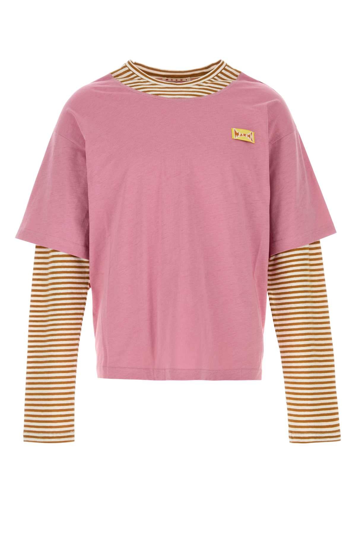 Marni Men Dark Pink Linen Bend T-Shirt MARNI