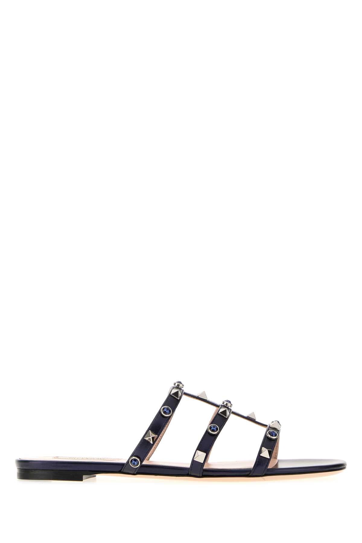 Valentino Garavani Women Midnight Blue Leather Rockstud Slippers VALENTINO GARAVANI